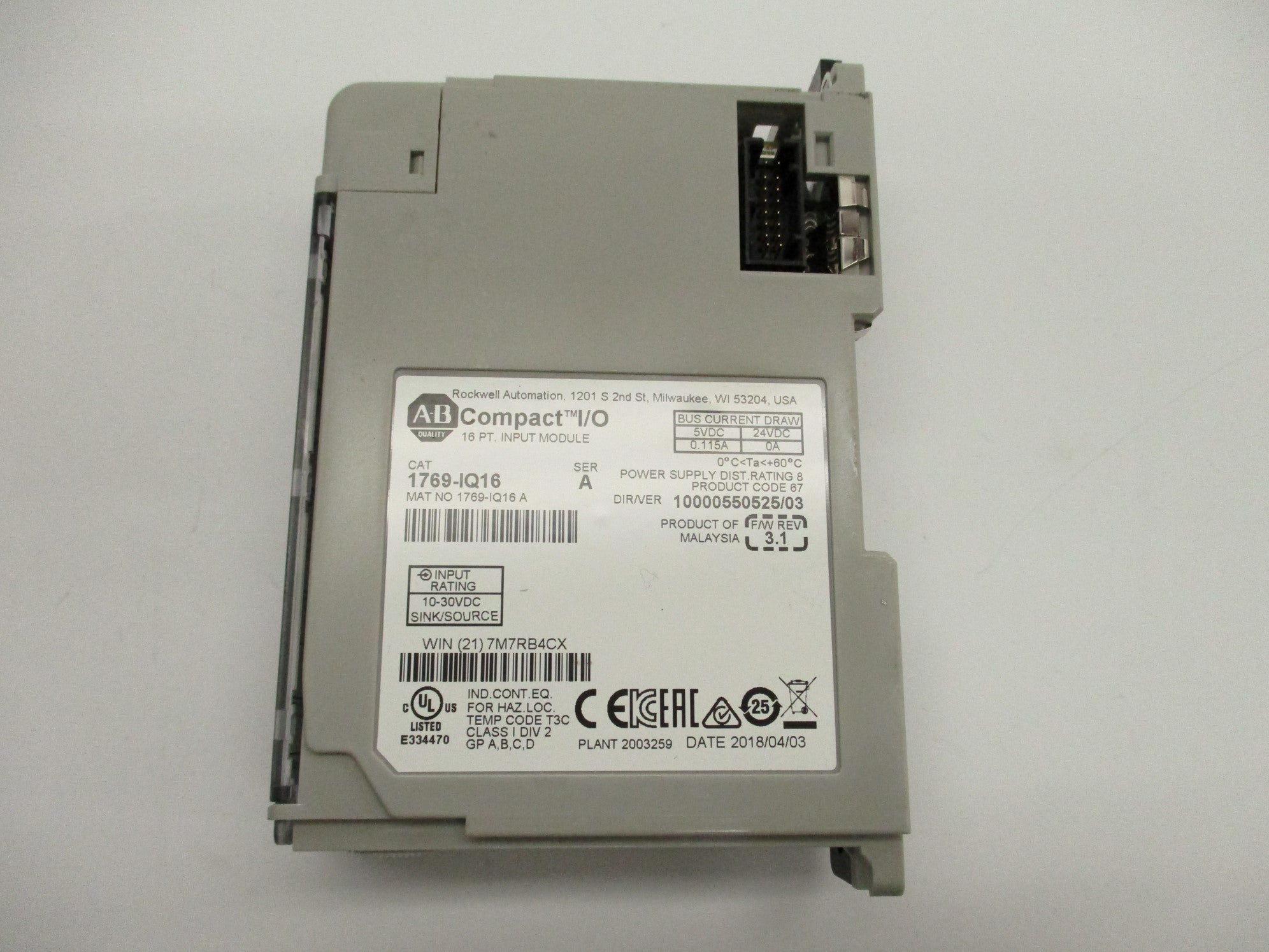 ALLEN BRADLEY 1769-IQ16 SER. A F/W 3.1 (NO TERMINAL) UNMP