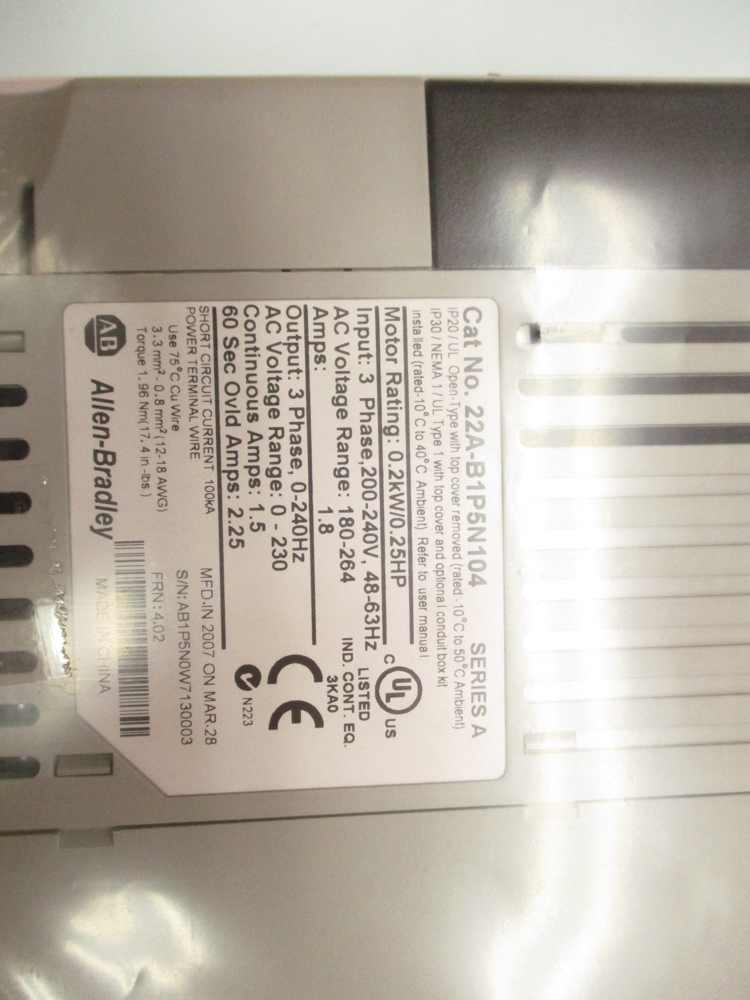 ALLEN BRADLEY 22A-B1P5N104 SER. A F/W 4.02 NSMP