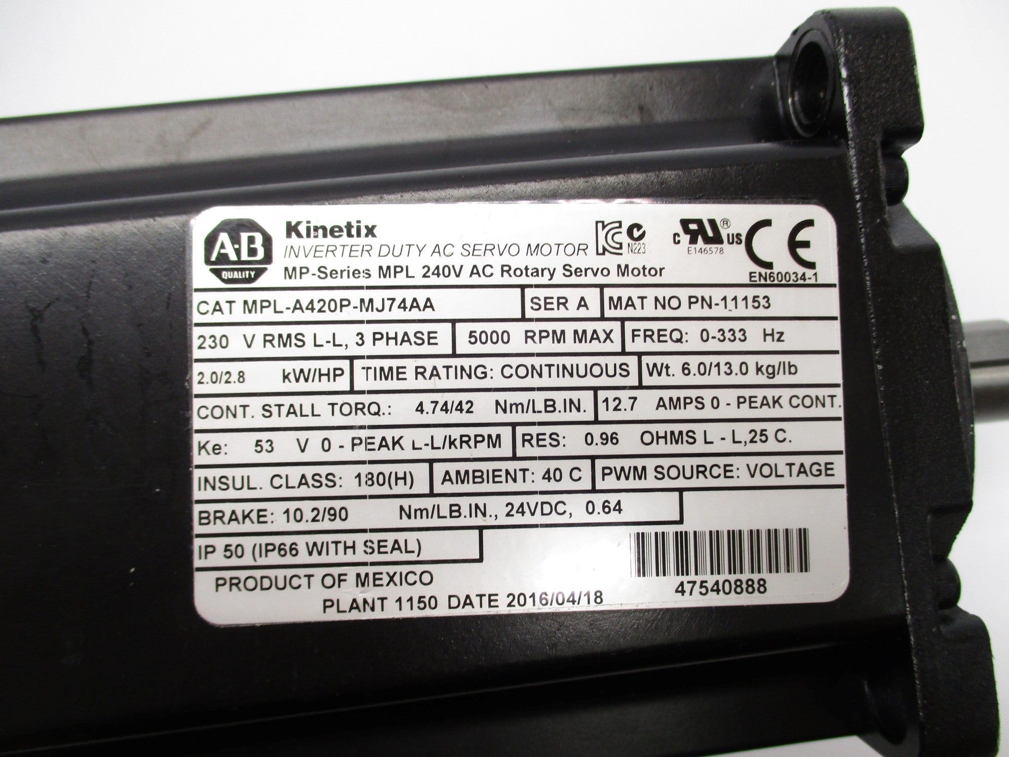 ALLEN BRADLEY MPL-A420P-MJ74AA SER. A UNMP