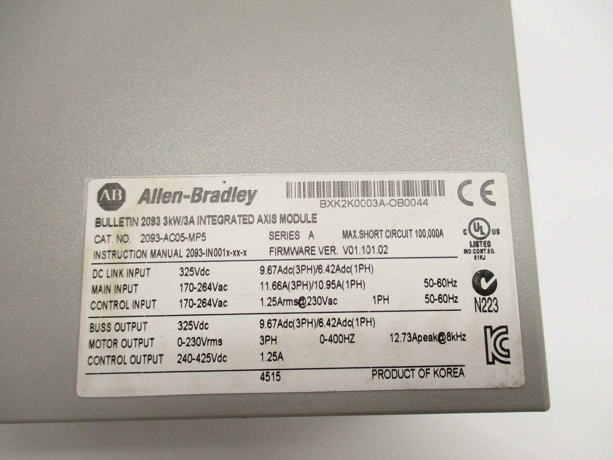 ALLEN BRADLEY 2093-AC05-MP5 SER. A F/W V01.101.02 UNMP