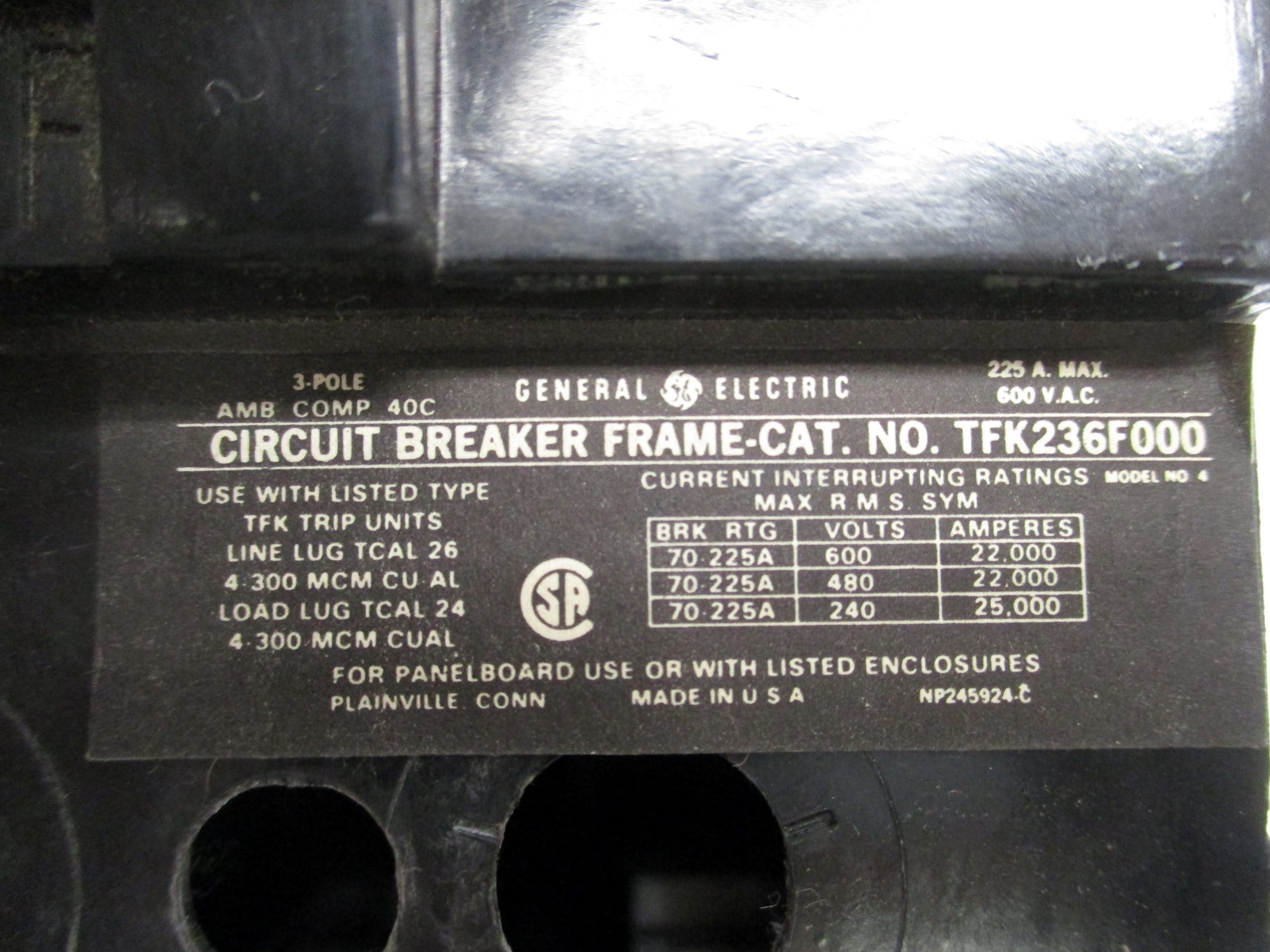 GENERAL ELECTRIC TFK236F000 225A 600V UNMP