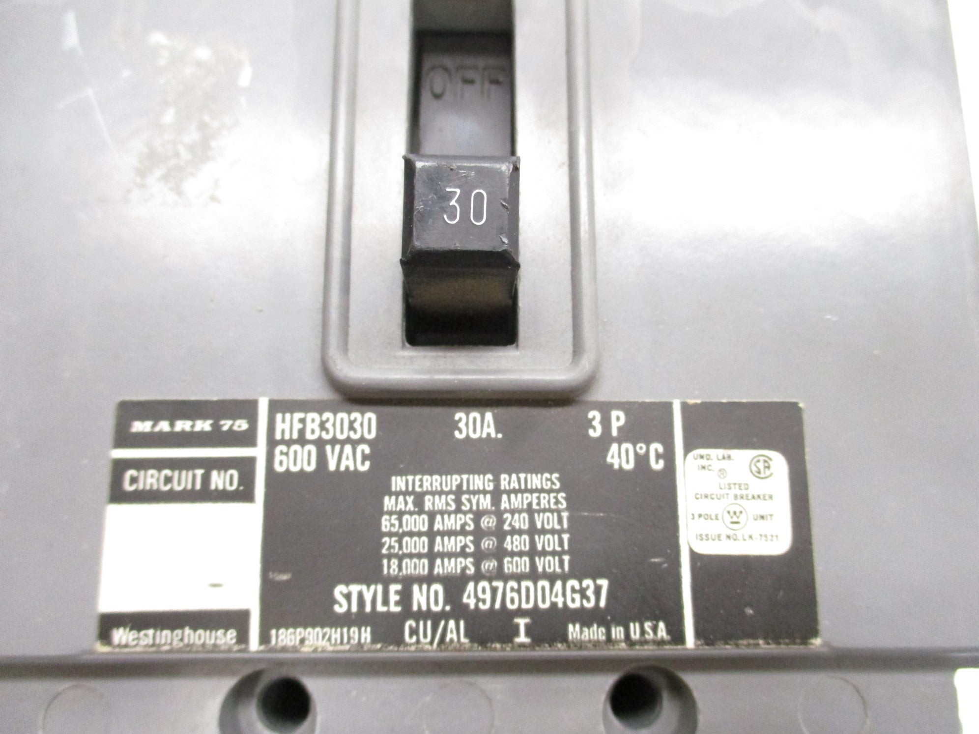WESTINGHOUSE HFB3030 30A 600VAC (GREY) (AS PICTURED) UNMP
