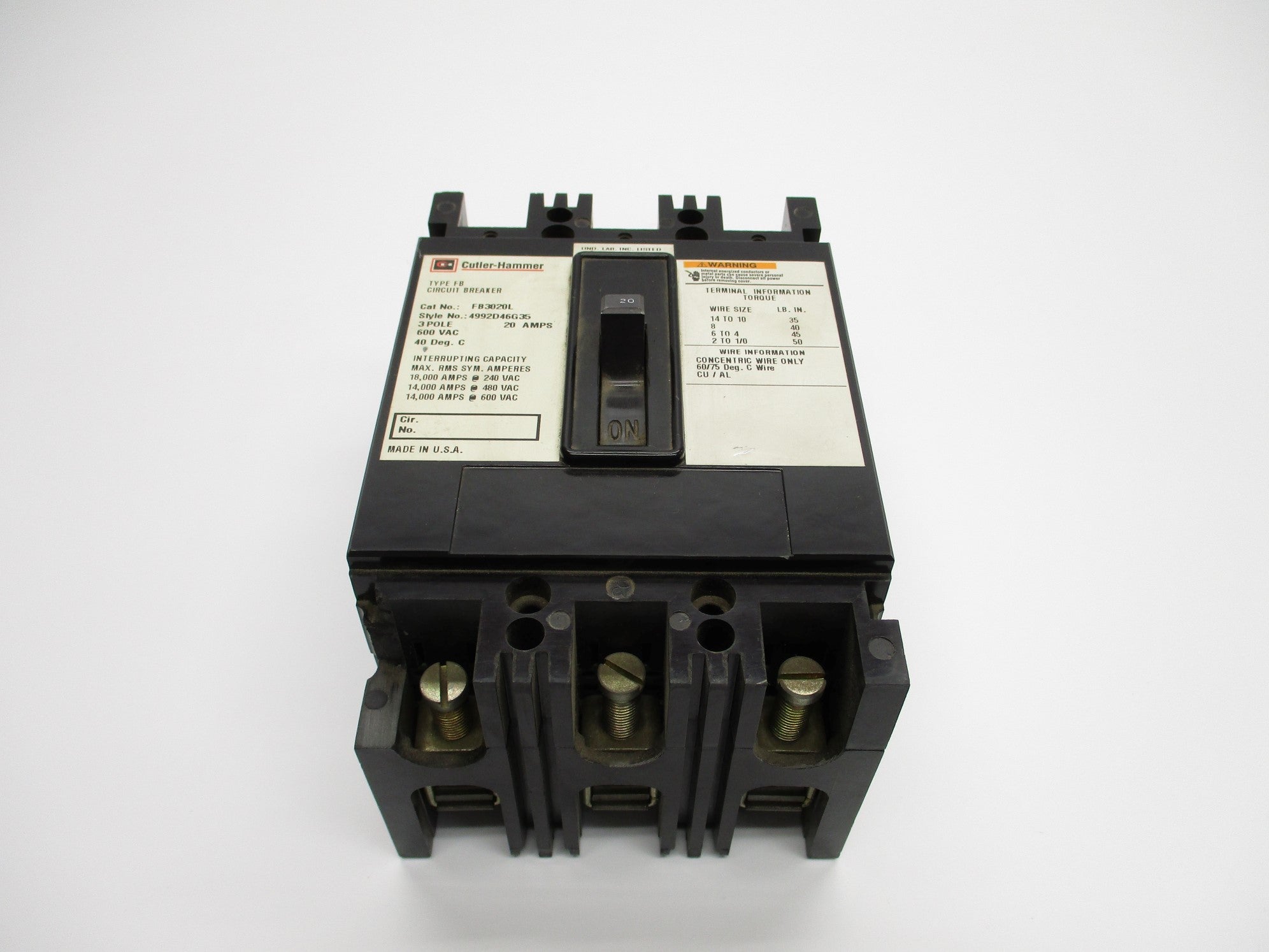 CUTLER HAMMER FB3020L 20A 600VAC (AS PICTURED) NSNP