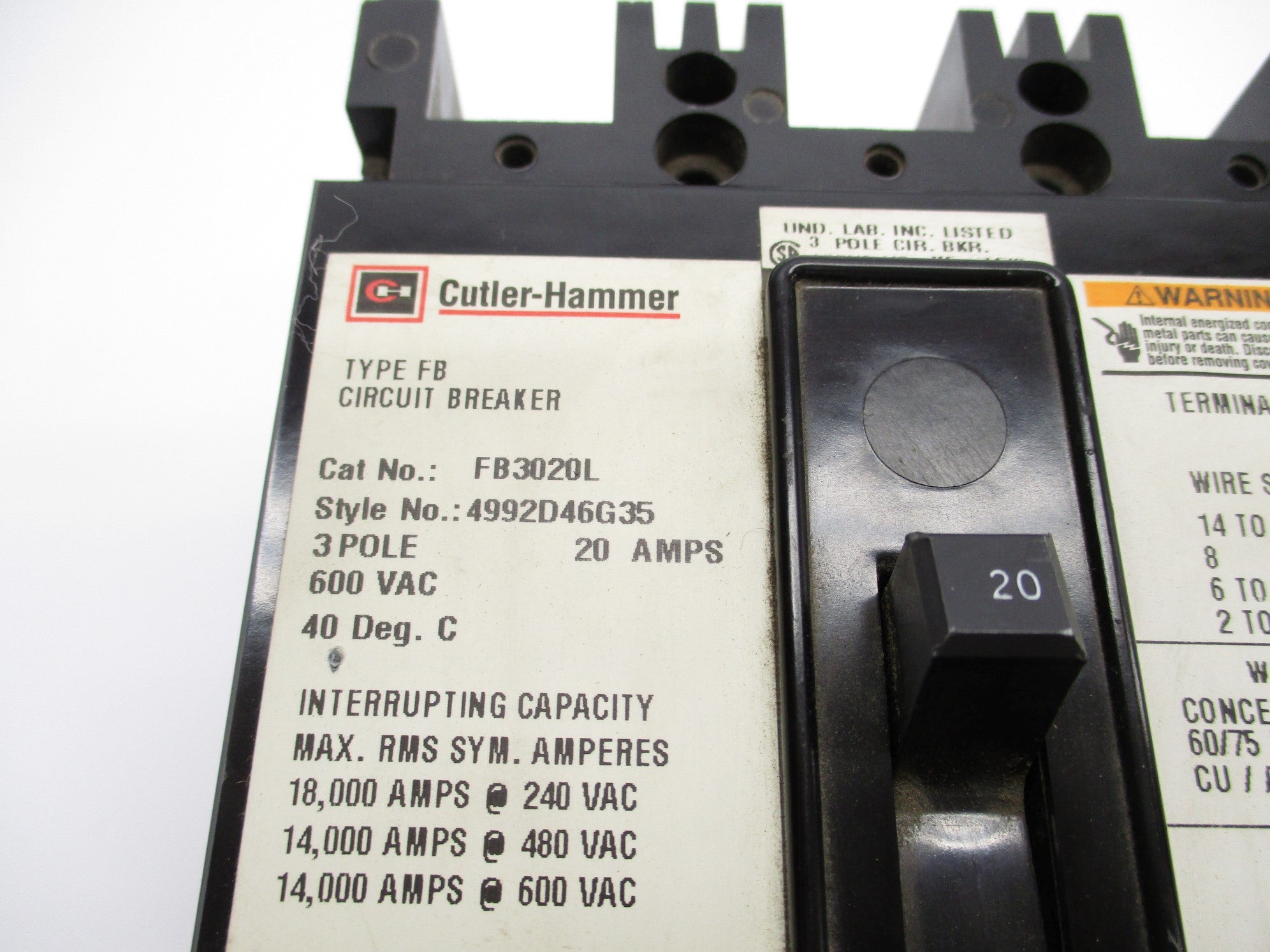 CUTLER HAMMER FB3020L 20A 600VAC (AS PICTURED) NSNP