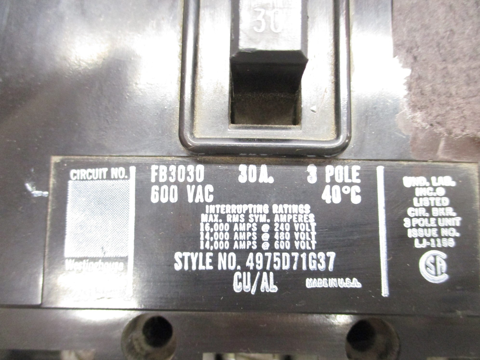 WESTINGHOUSE FB3030 30A 600VAC UNMP