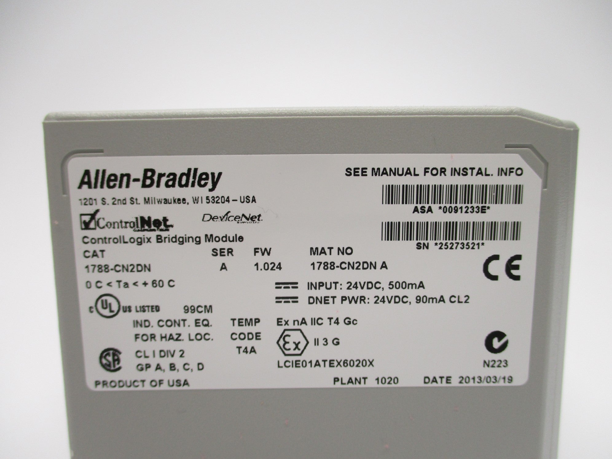 ALLEN BRADLEY 1788-CN2DN SER. A F/W 1.024 24VDC NSMP
