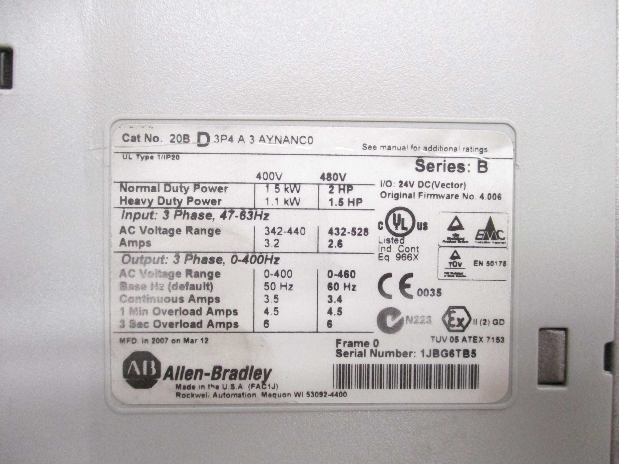 INDUSTRIAL SPARE PART 20BD3P4A3AYNANC0 SER. B F/W 4.006 UNMP
