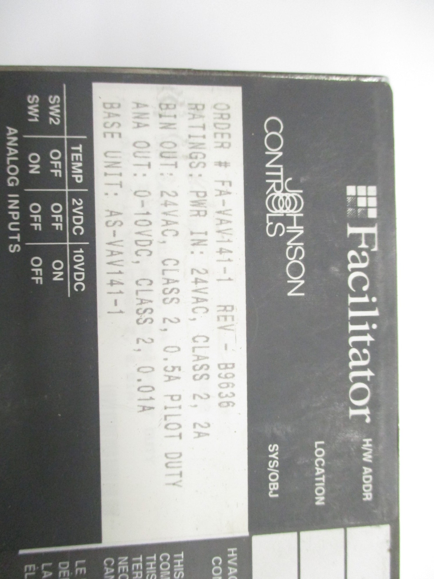 JOHNSON CONTROLS FA-VAV141-1 24VAC 2A UNMP