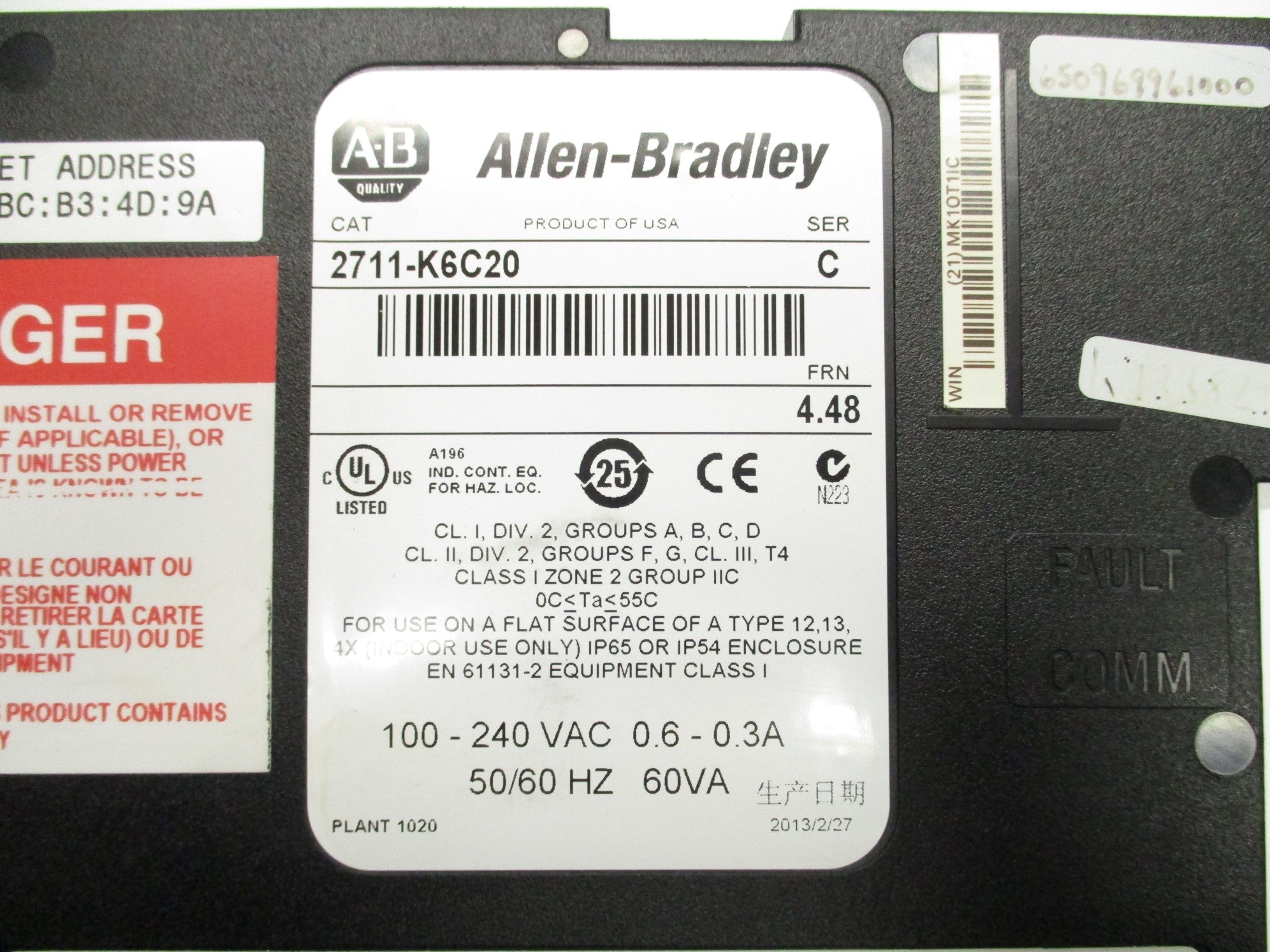 ALLEN BRADLEY 2711-K6C20 SER. C F/W 4.48 UNMP