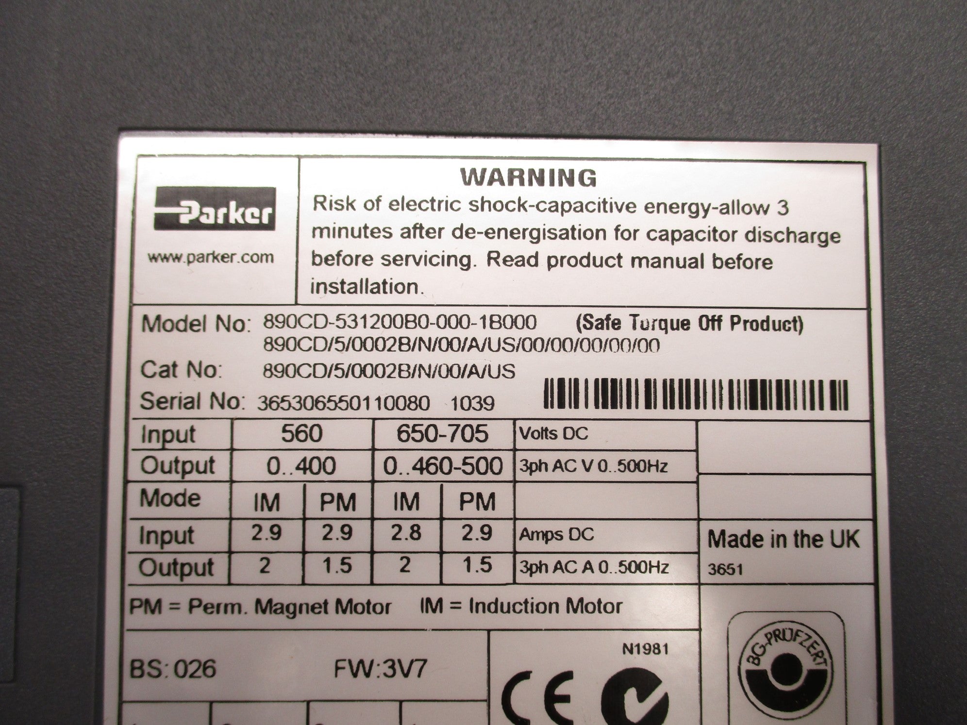 PARKER 890CD-531200B0-000-1B000 UNMP