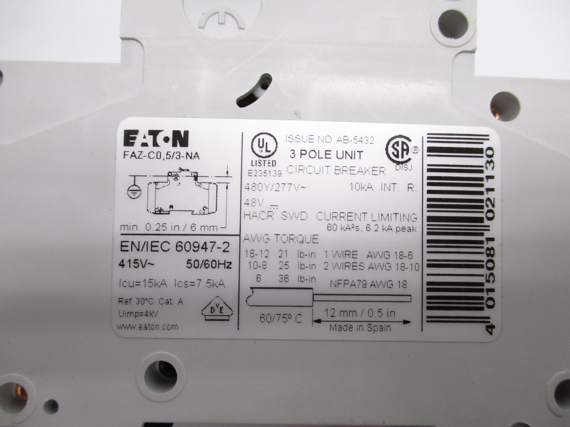EATON FAZ-C0.5/3-NA 0.5A 480/277VAC NSNP