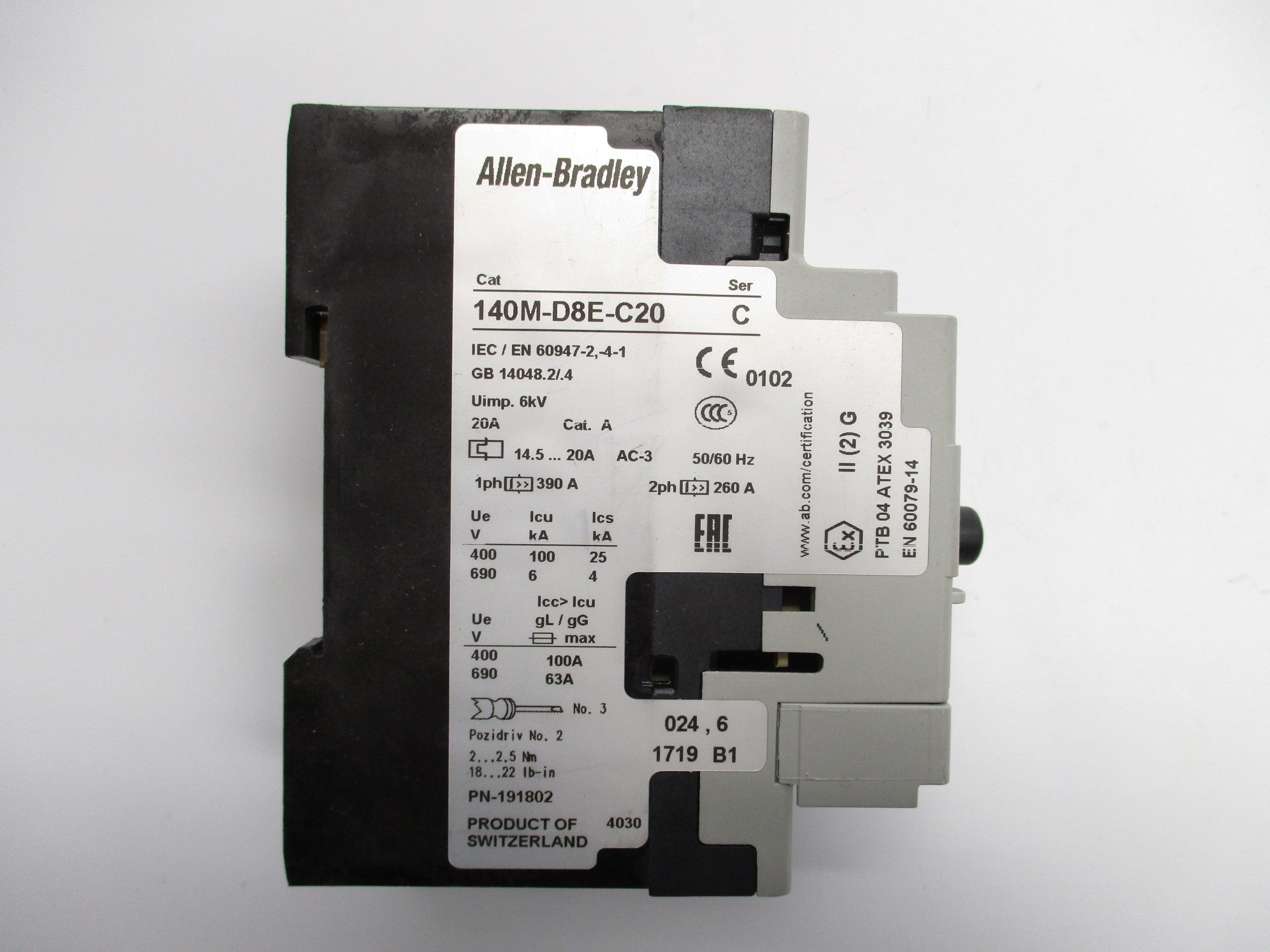 ALLEN BRADLEY 140M-D8E-C20 SER. C 14.5-20A 690V NSNP