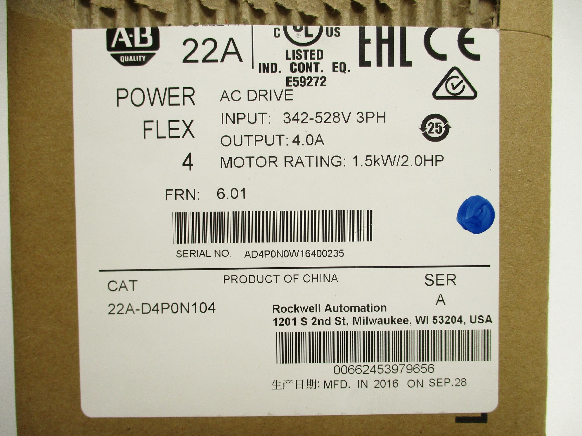 ALLEN BRADLEY 22A-D4P0N104 SER. A F/W 6.01 342-528V 4.0A NSMP