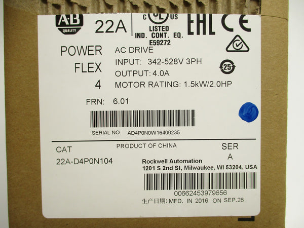 ALLEN BRADLEY 22A-D4P0N104 SER. A F/W 6.01 342-528V 4.0A NSMP