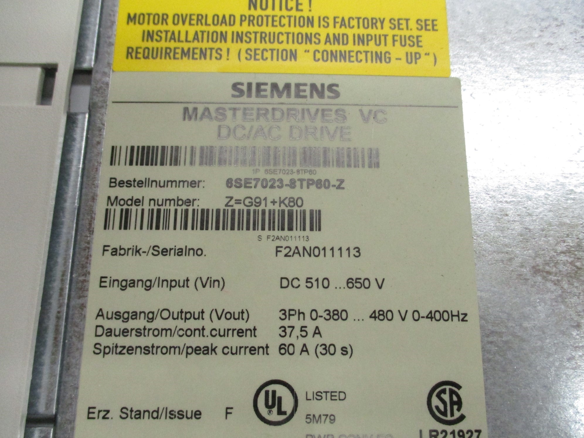 SIEMENS 6SE7023-8TP60-Z (AS PICTURED) NSMP