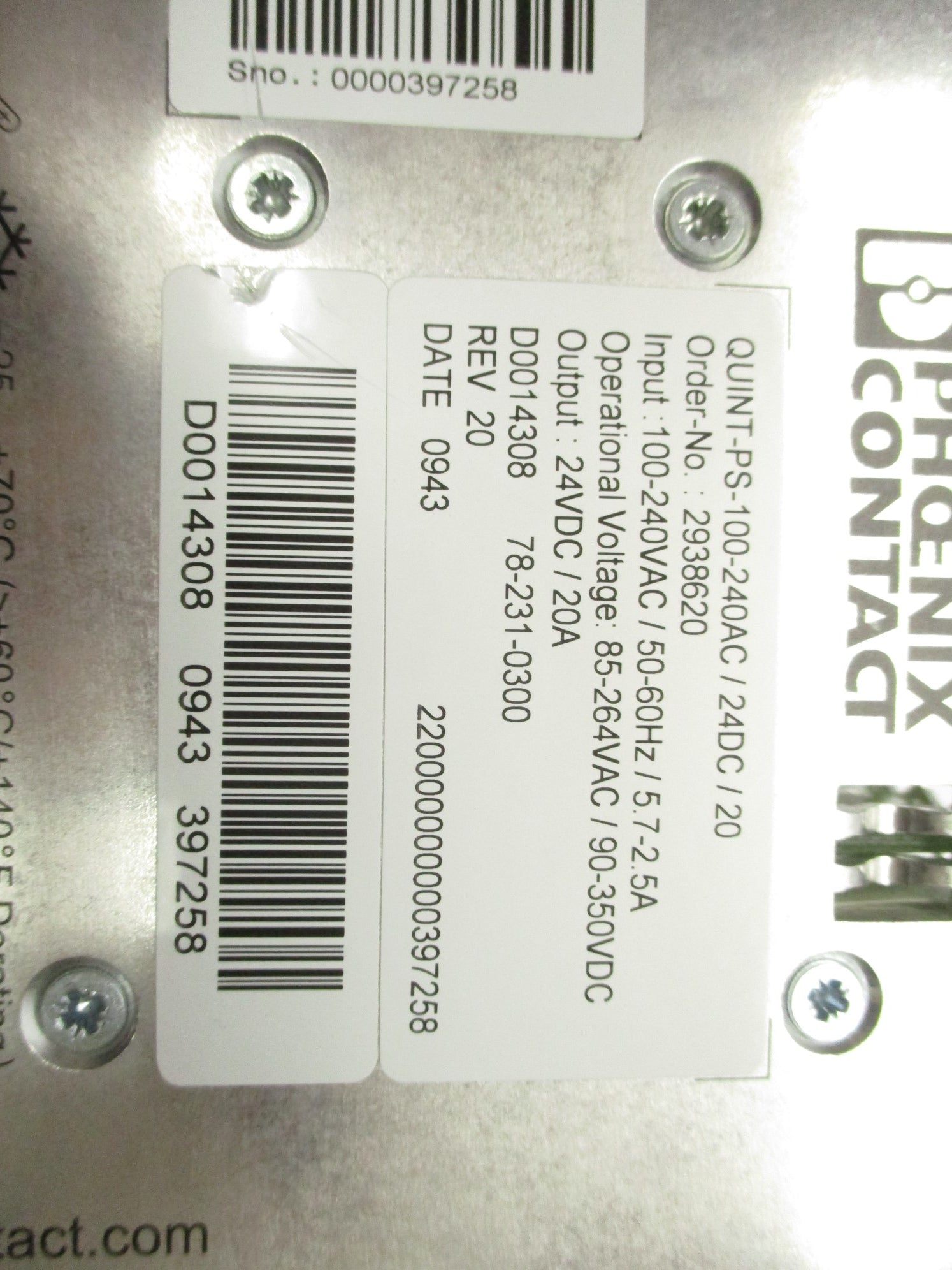 PHOENIX CONTACT QUINT-PS-100-240AC/24DC/20 UNMP