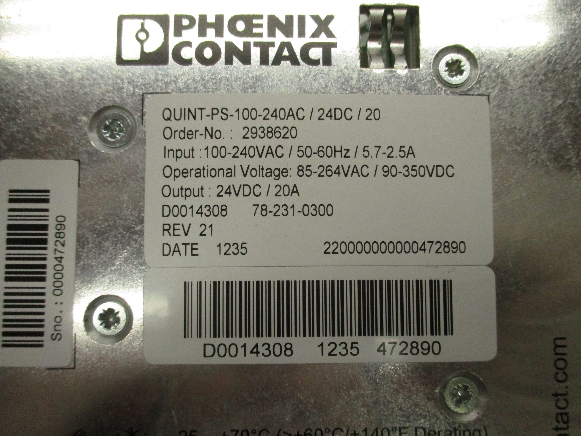 PHOENIX CONTACT QUINT-PS-100-240AC/24DC/20 2938620 100-240VAC 2.5-5.7A NSMP