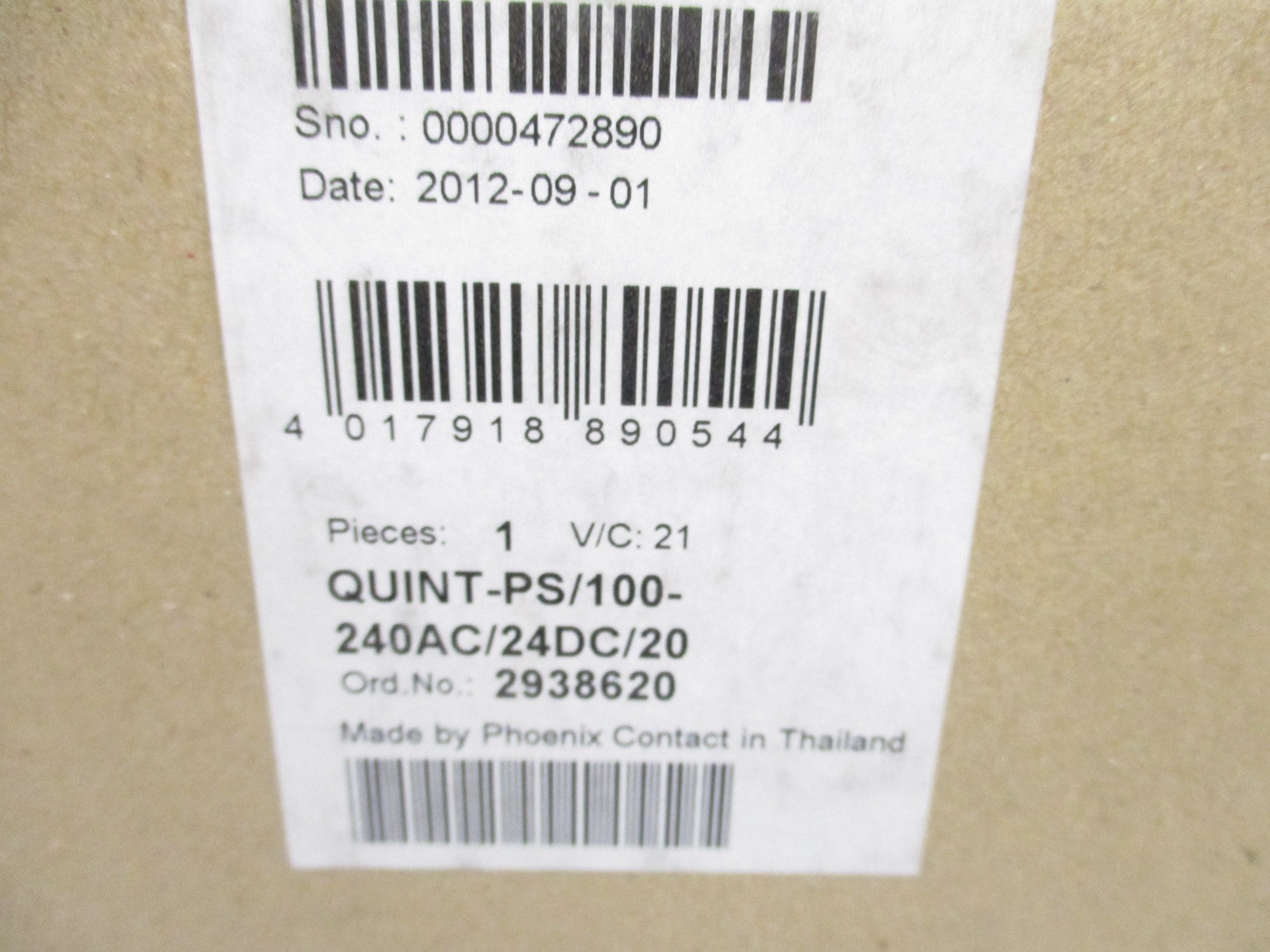 PHOENIX CONTACT QUINT-PS-100-240AC/24DC/20 2938620 100-240VAC 2.5-5.7A NSMP