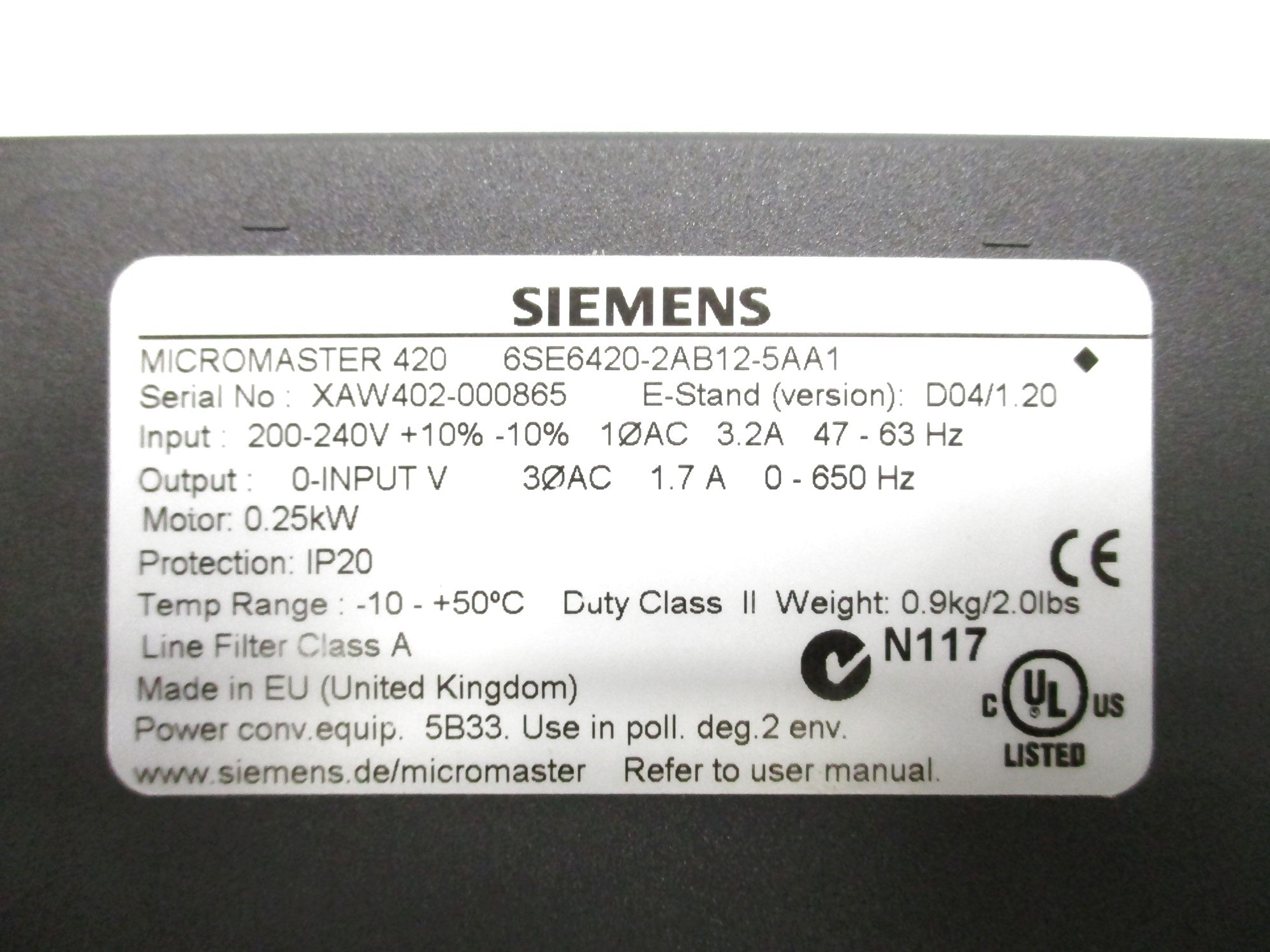 SIEMENS 6SE6420-2AB12-5AA1 200-240V 3.2A NSMP