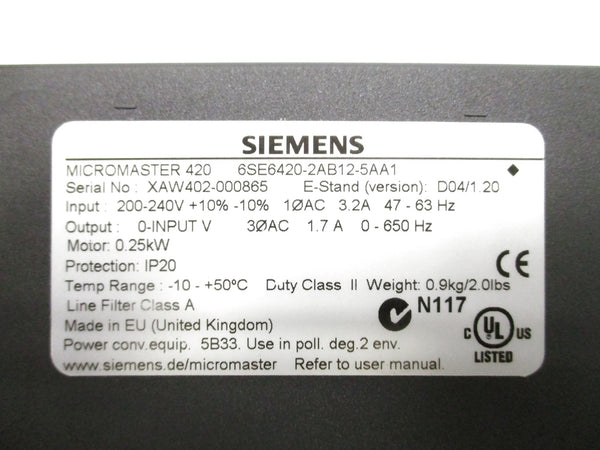 SIEMENS 6SE6420-2AB12-5AA1 200-240V 3.2A NSMP