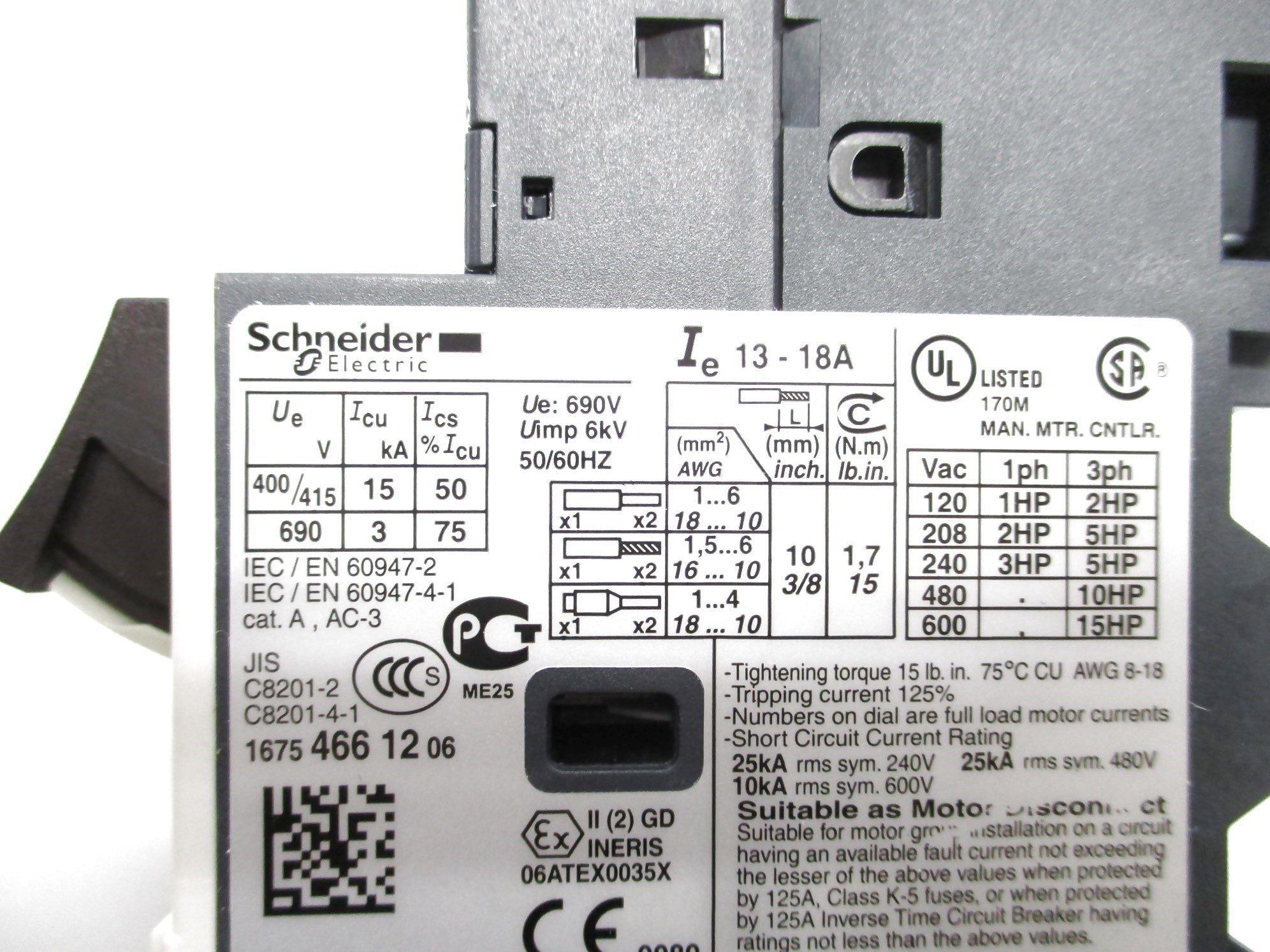 SCHNEIDER ELECTRIC GV2ME20 13-18A 690V NSMP