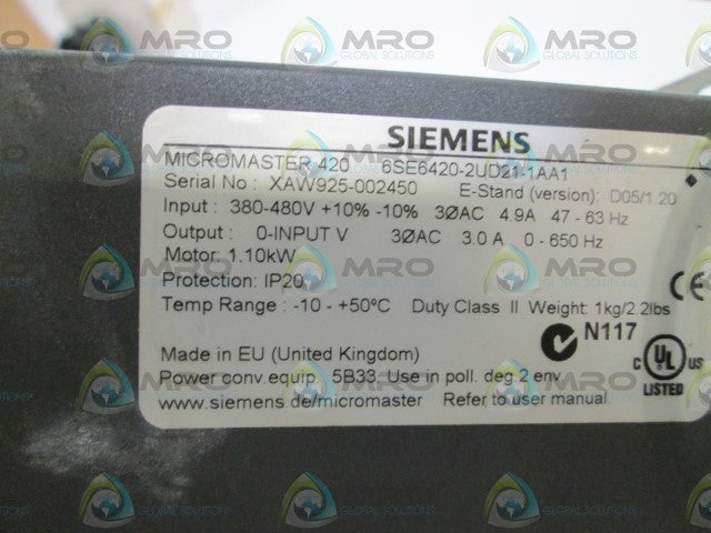 SIEMENS DRIVE 6SE6420-2UD21-1AA1 (AS PICTURED) *USED*