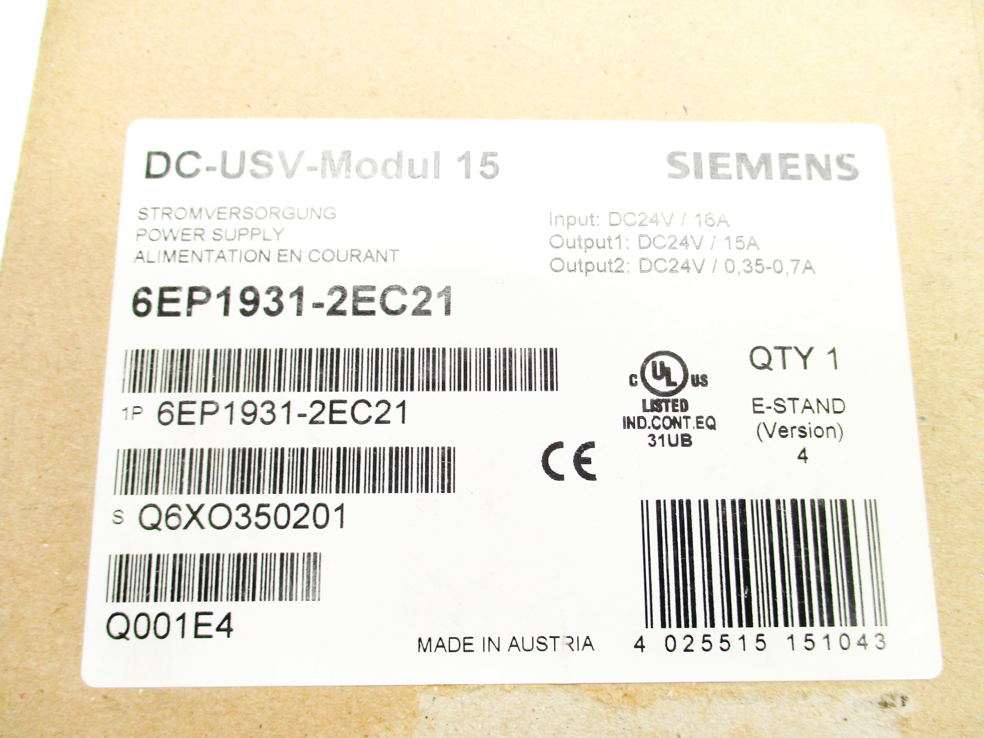 SIEMENS 6EP1931-2EC21 24VDC 16A NSFS