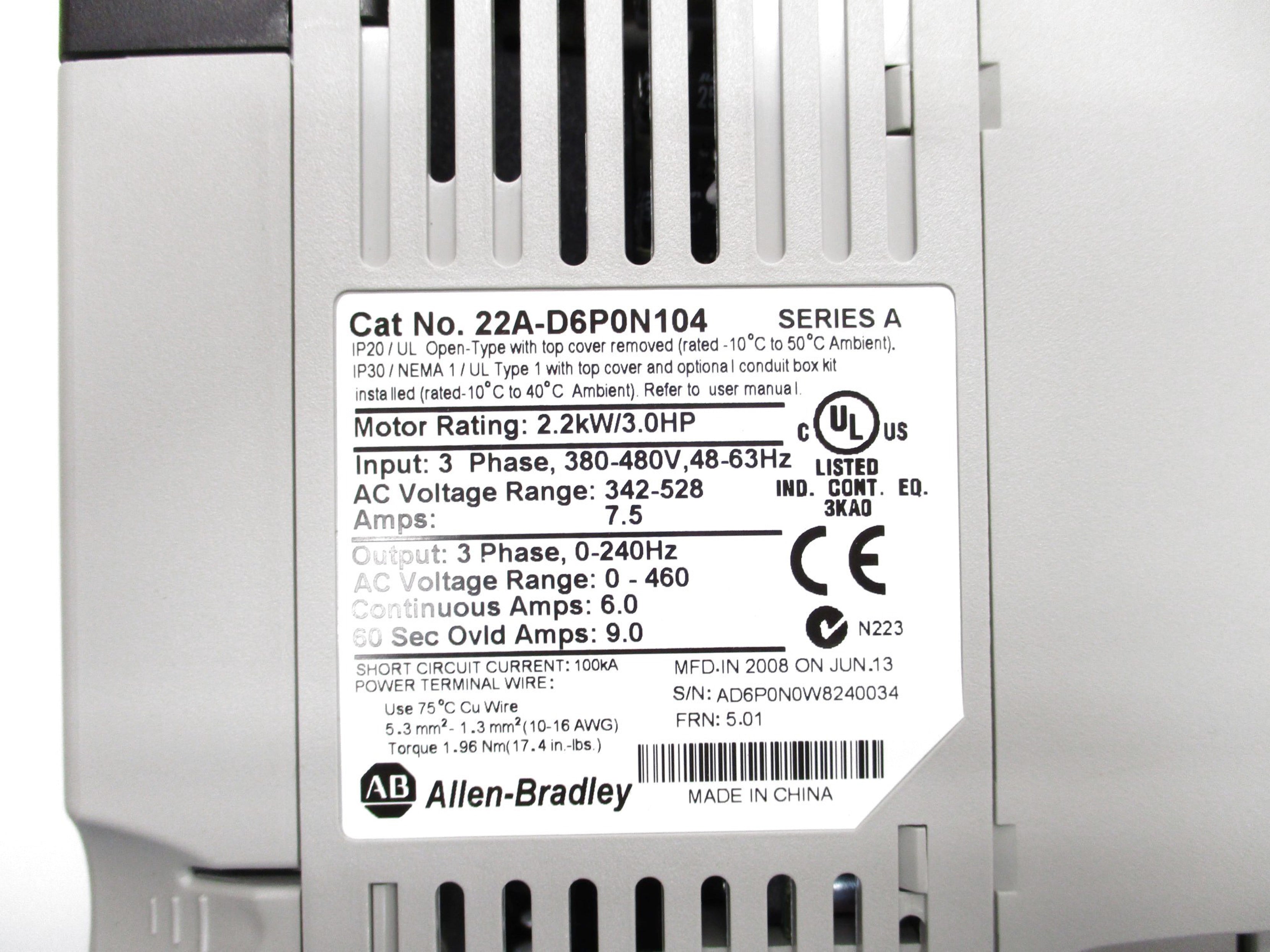 ALLEN BRADLEY 22A-D6P0N104 SER. A F/W 5.01 NSMP
