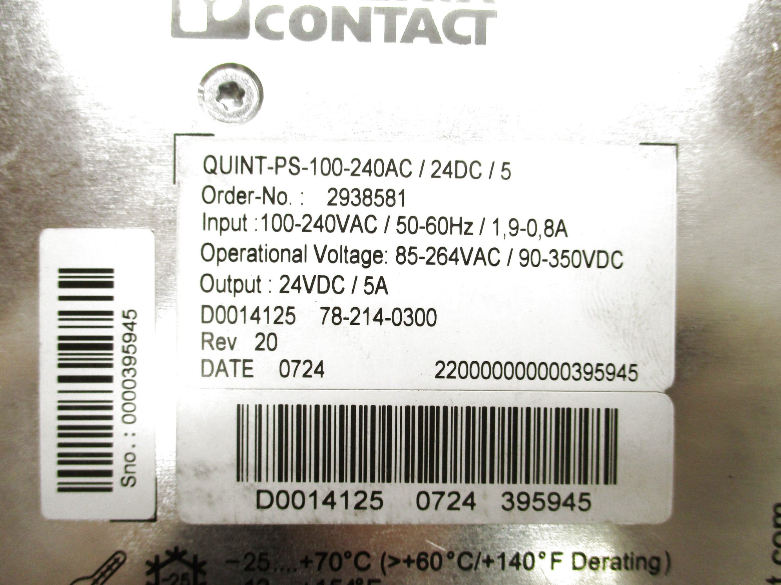 PHOENIX CONTACT QUINT-PS-100-240AC/24DC/5 2938581 100-240VAC 1.9-0.8A NSMP