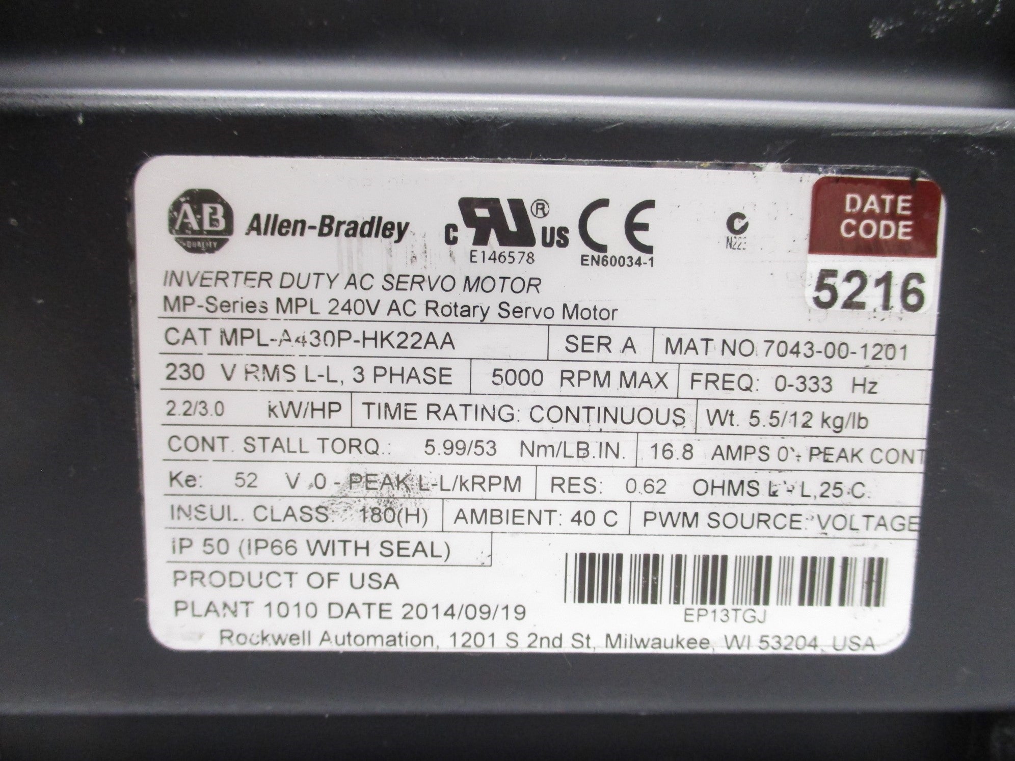 ALLEN BRADLEY MPL-A430P-HK22AA SER. A UNMP
