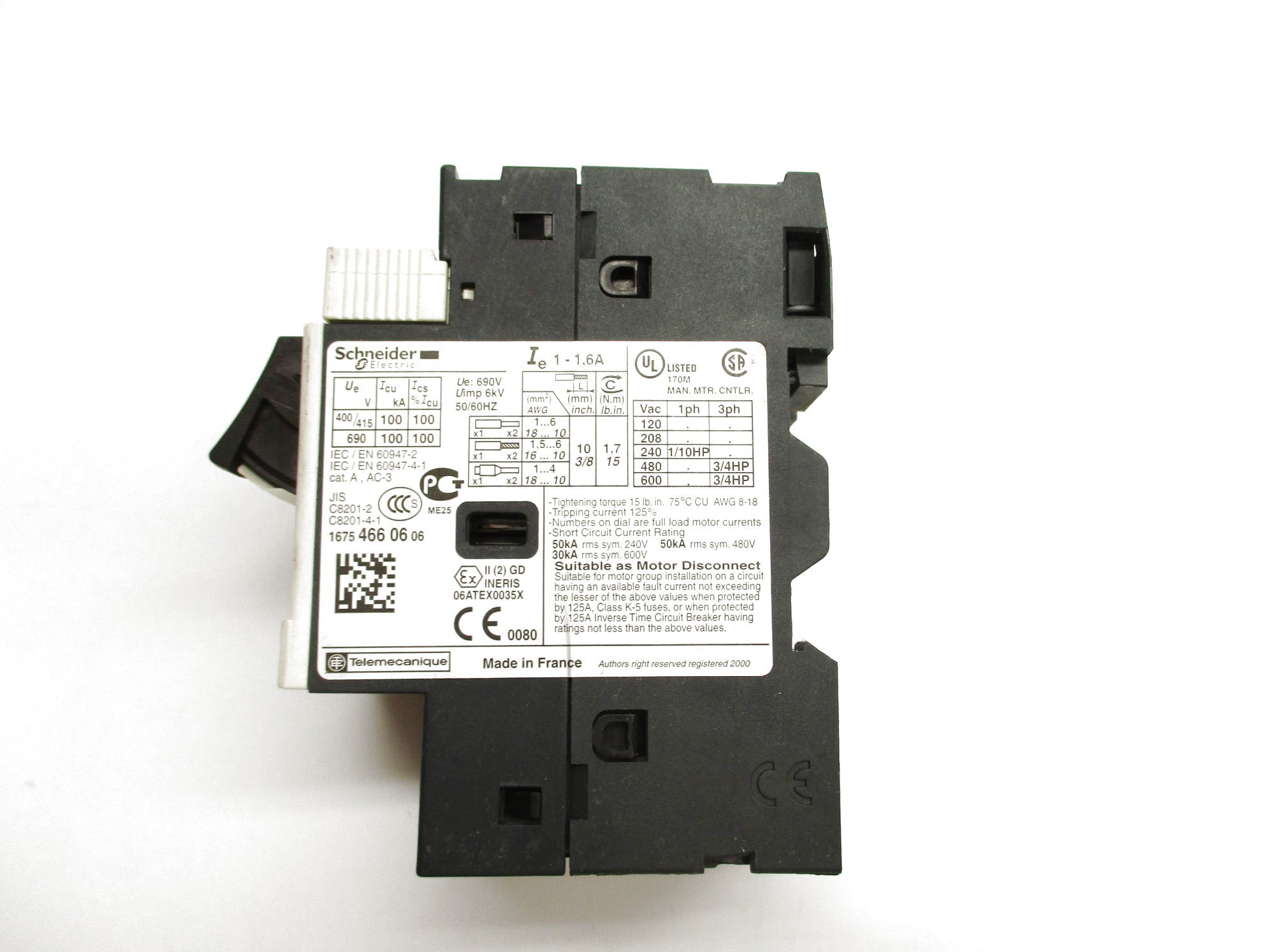 SCHNEIDER GV2ME06 600VAC 1-1.6A NSNP