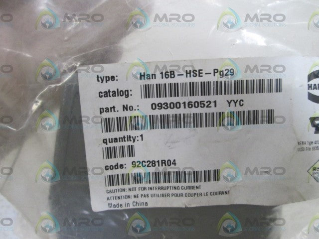 HARTING CONNECTOR HOOD 09300160521 / Han 16B-HSE-Pg29 *NEW IN BAG*