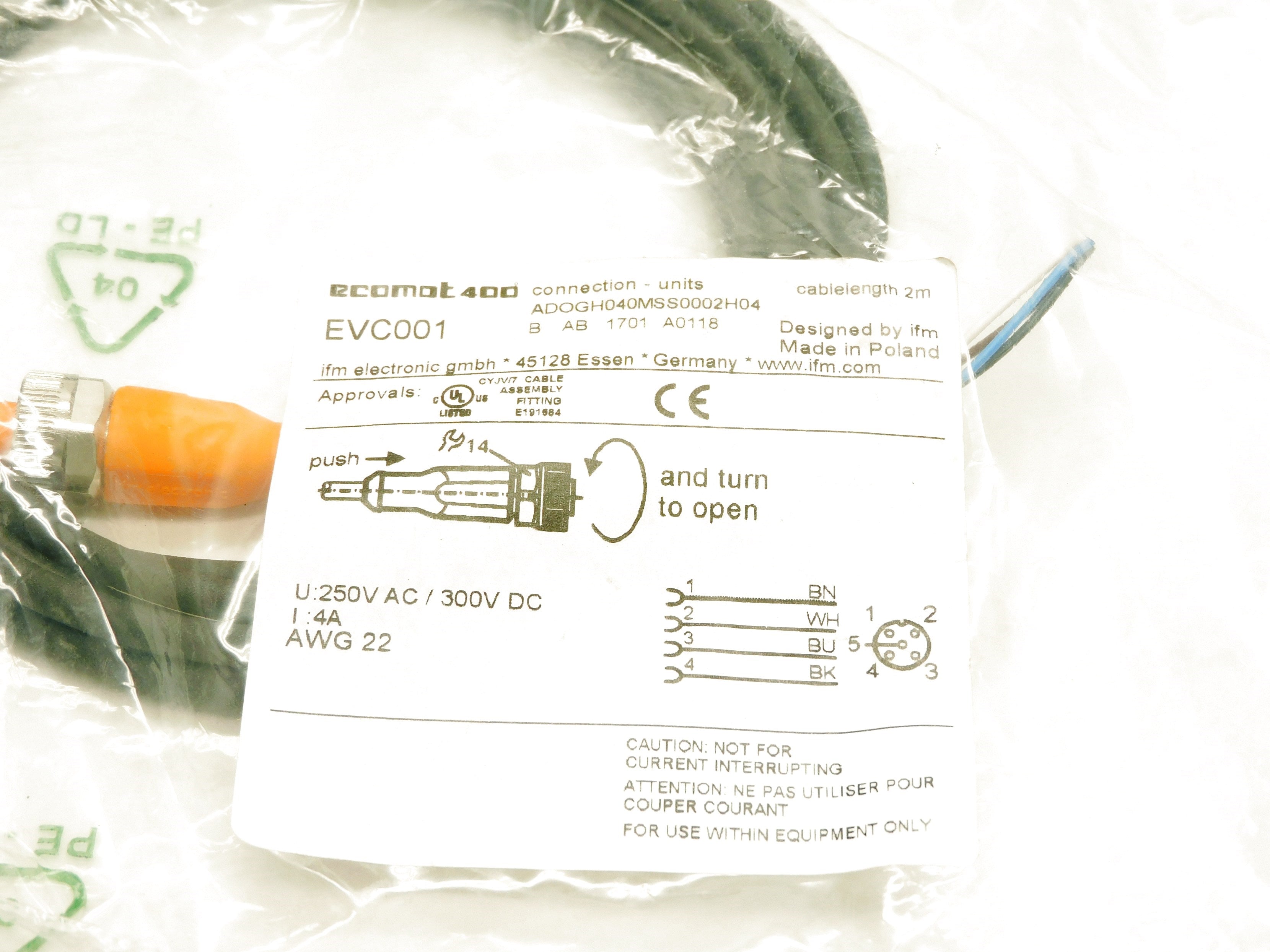 IFM EFECTOR ADOGH040MSS0002H04 EVC001 300VDC 4A 2M NSMP