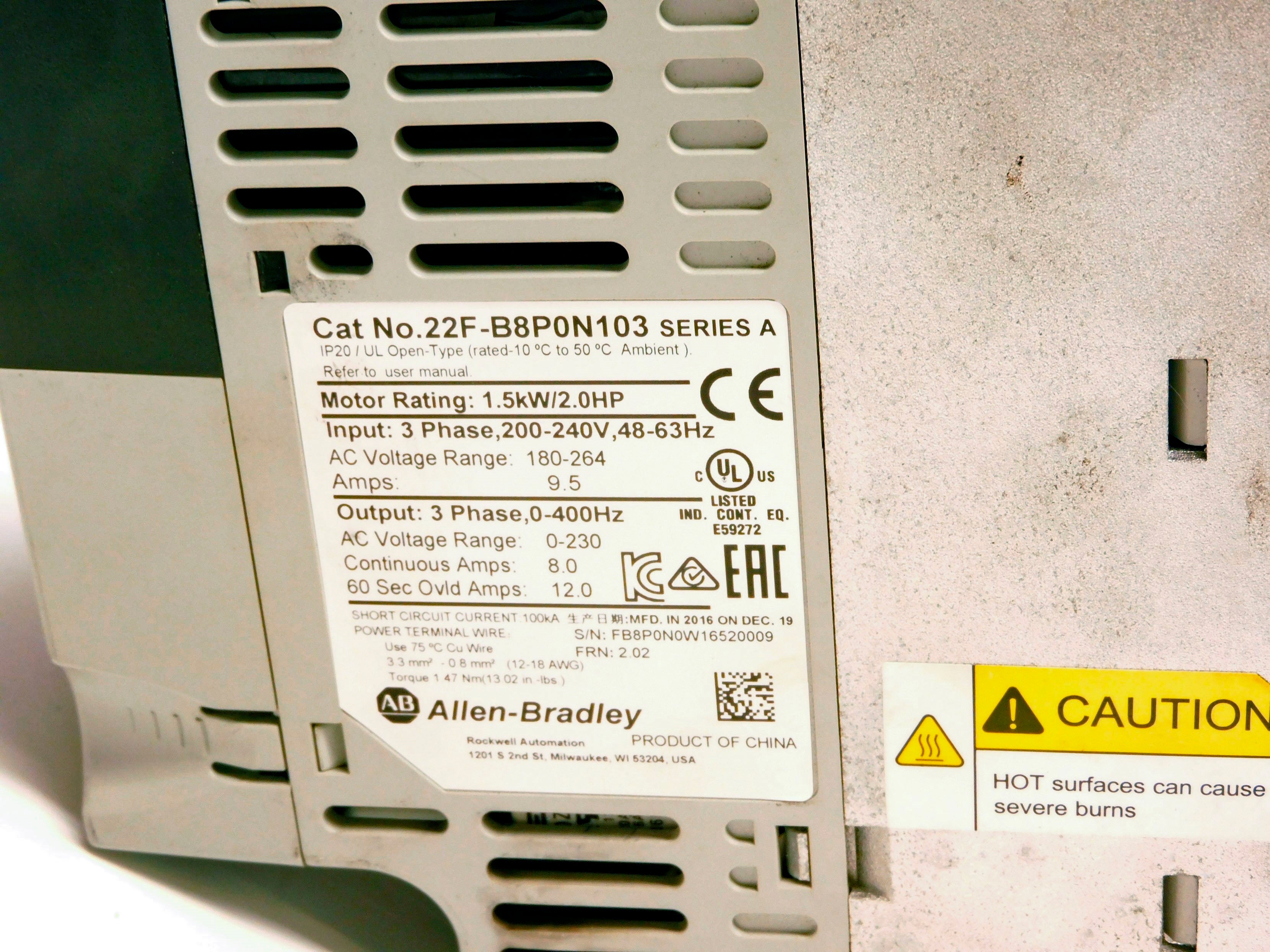ALLEN BRADLEY 22F-B8P0N103 SER. A F/W 2.02 200-240V 9.5A UNMP