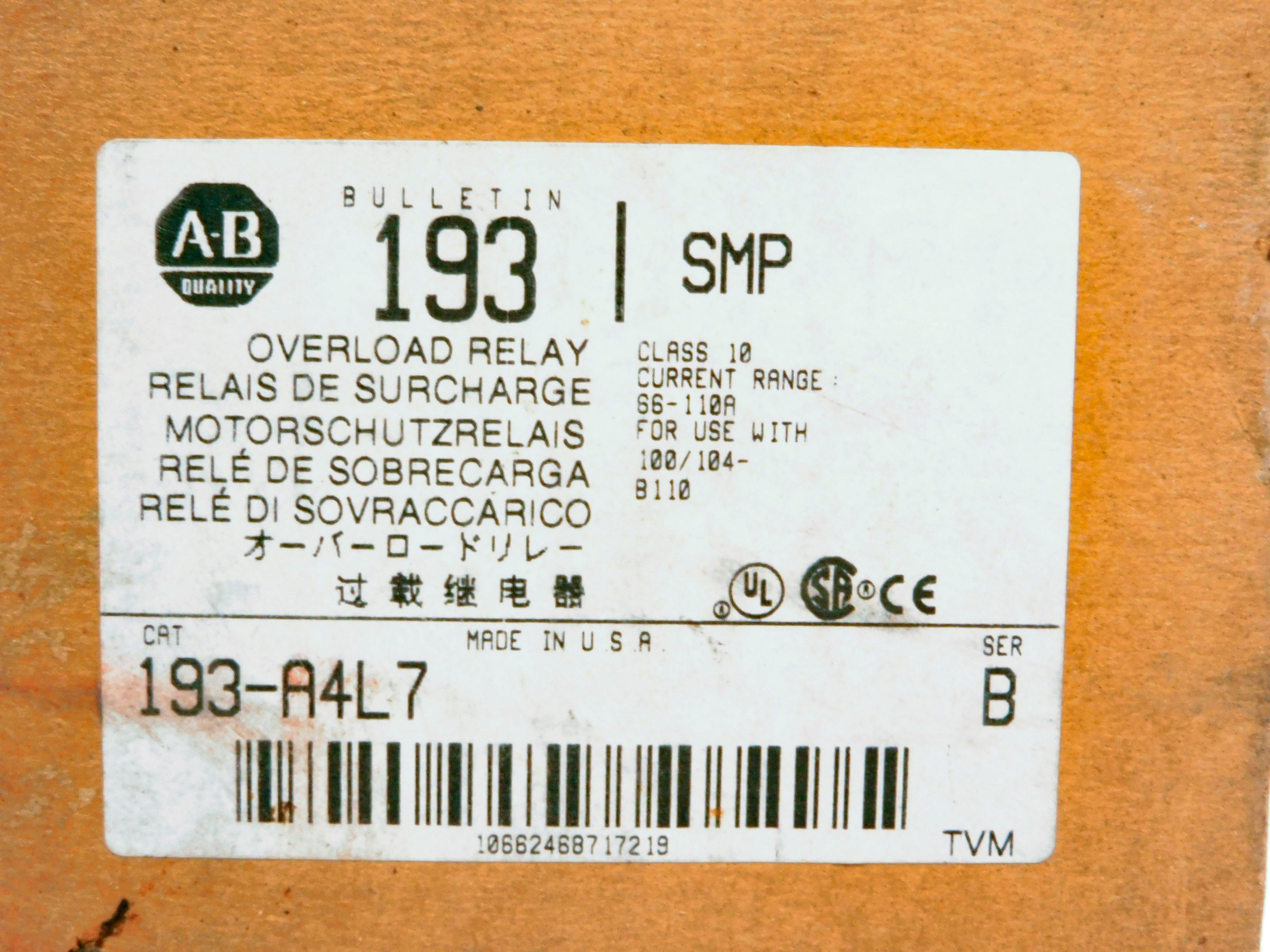 ALLEN BRADLEY 193-A4L7 SER. B 66-110A (BR/WH) NSMP