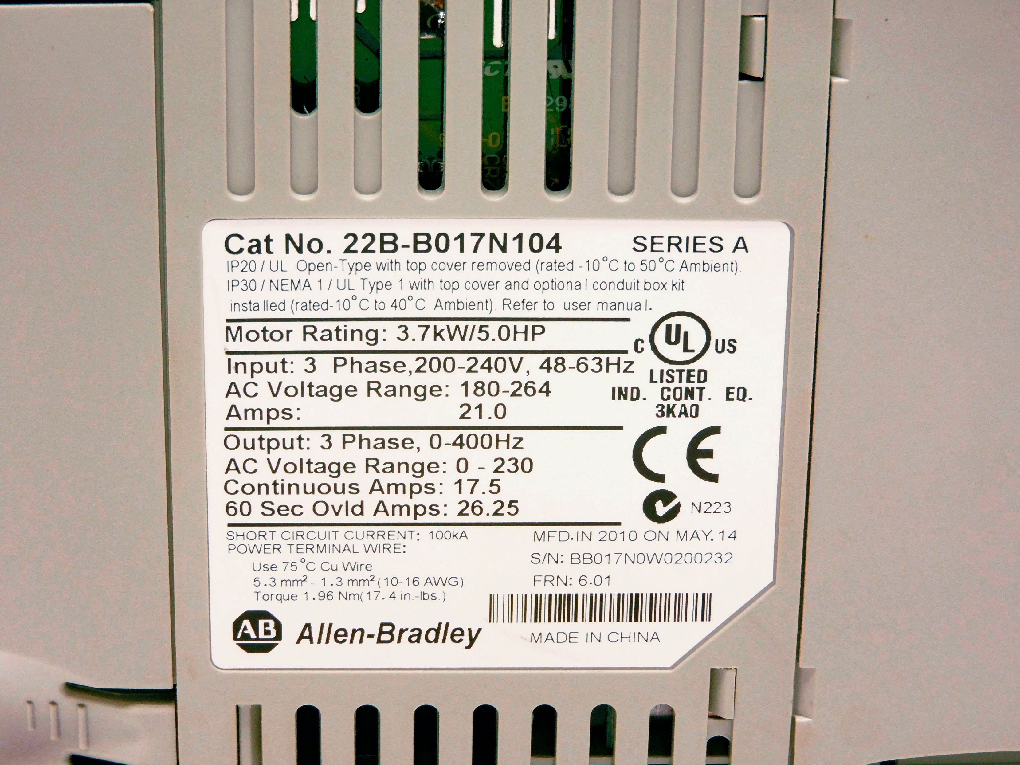 ALLEN BRADLEY 22B-B017N104 SER. A F/W 6.01 NSMP