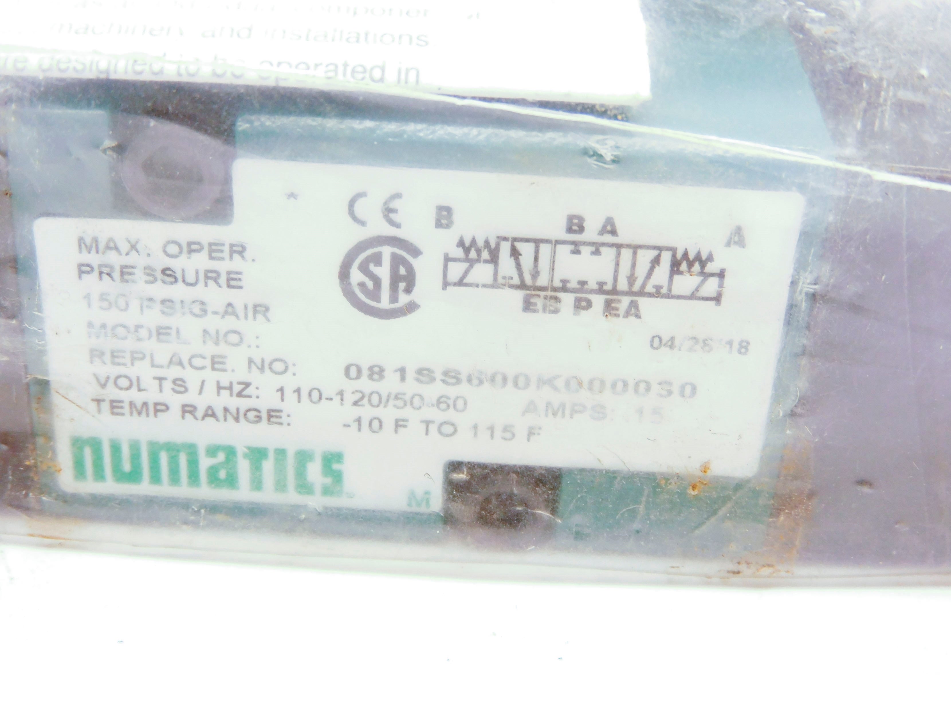 NUMATICS 081SS600K000030 110-120V .15A 150PSI -10-115'F NSMP