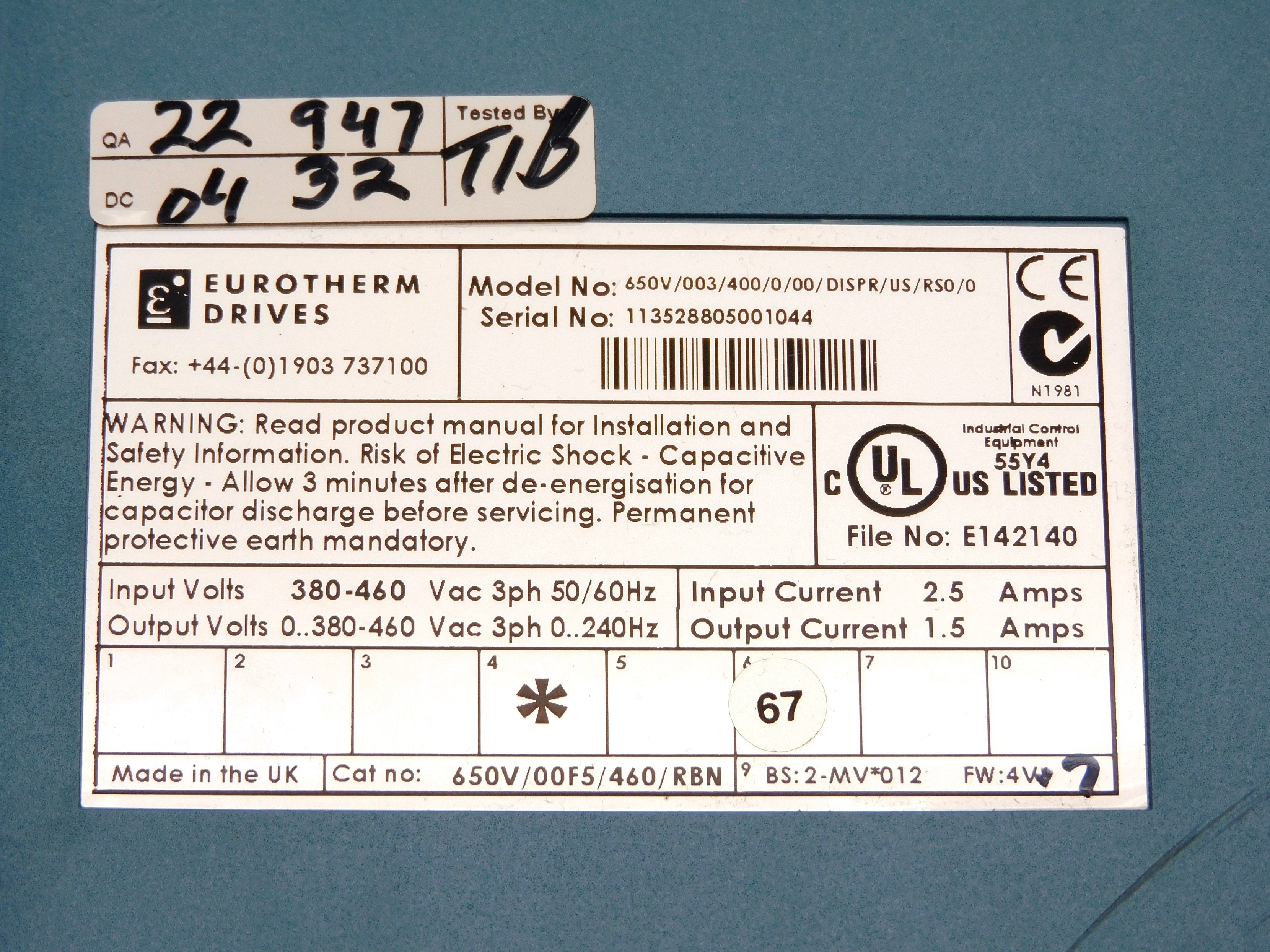 EUROTHERM 650V/003/400/0/00/DISPR/US/RS0/0 F/W 4V UNMP