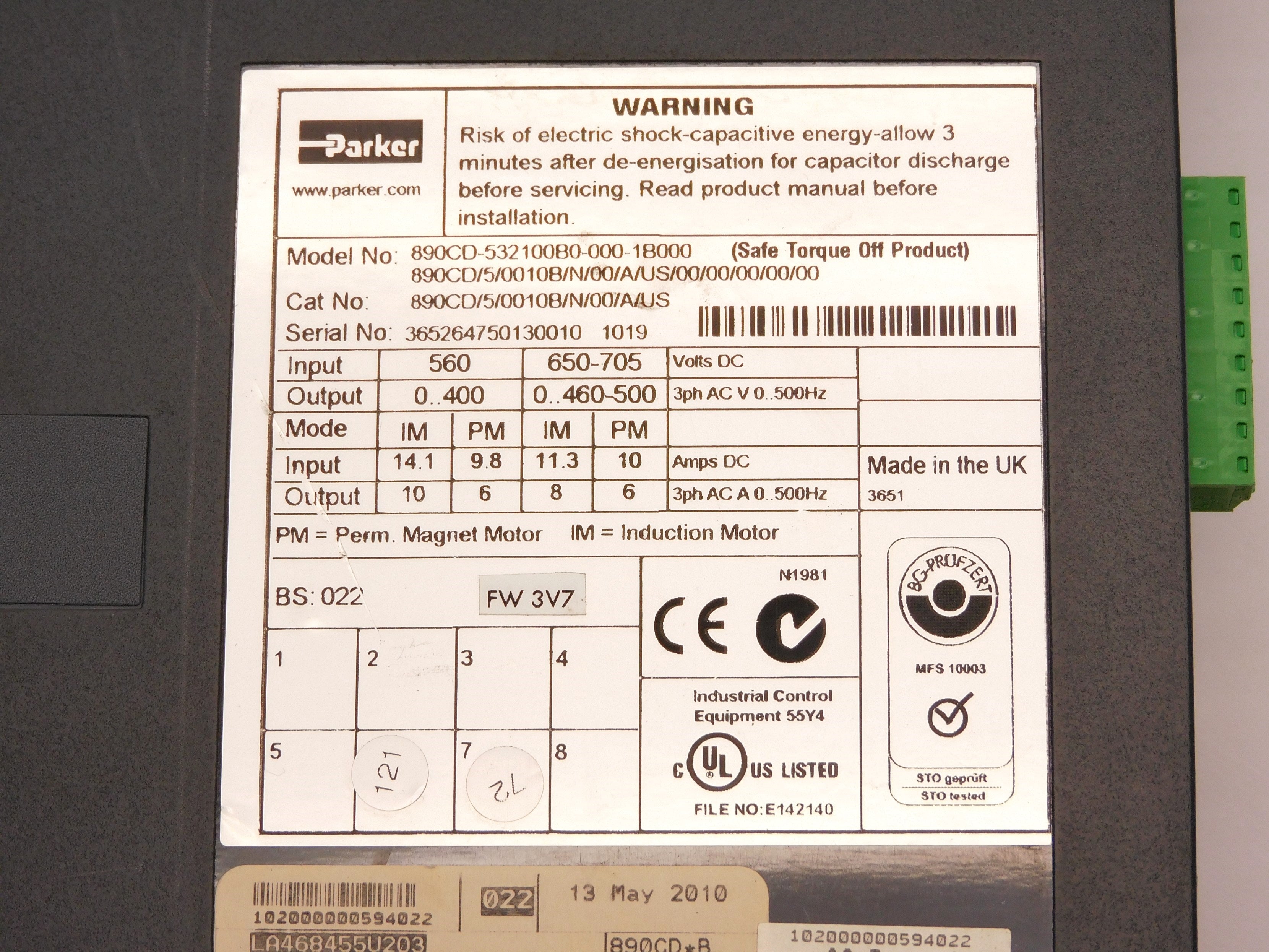 PARKER 890CD/5/0010B/N/00/A/US/00/00/00/00/00 F/W 3V7 UNMP