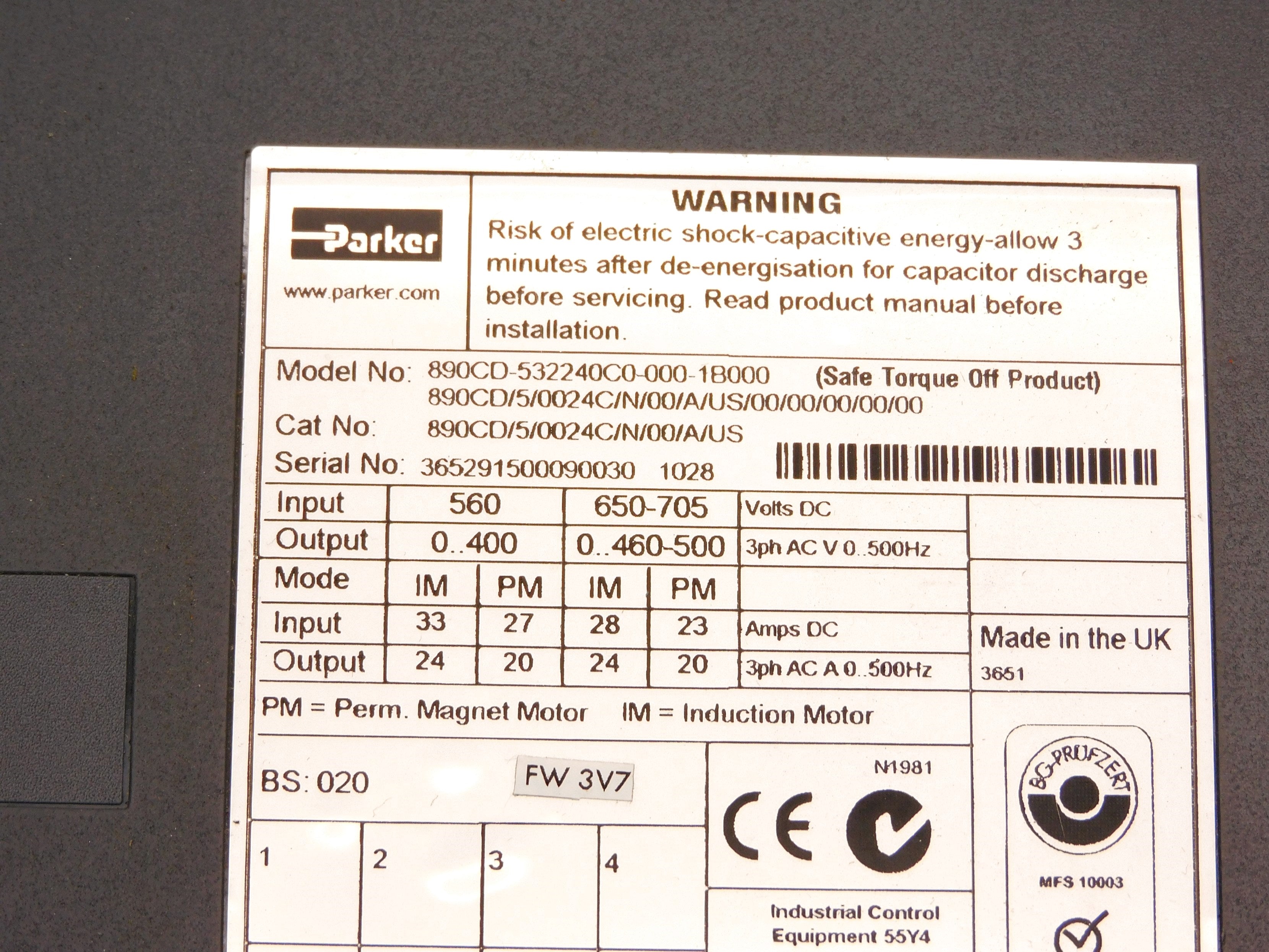 PARKER 890CD/5/0024C/N/00/A/US/00/00/00/00/00 F/W 3V7 UNMP