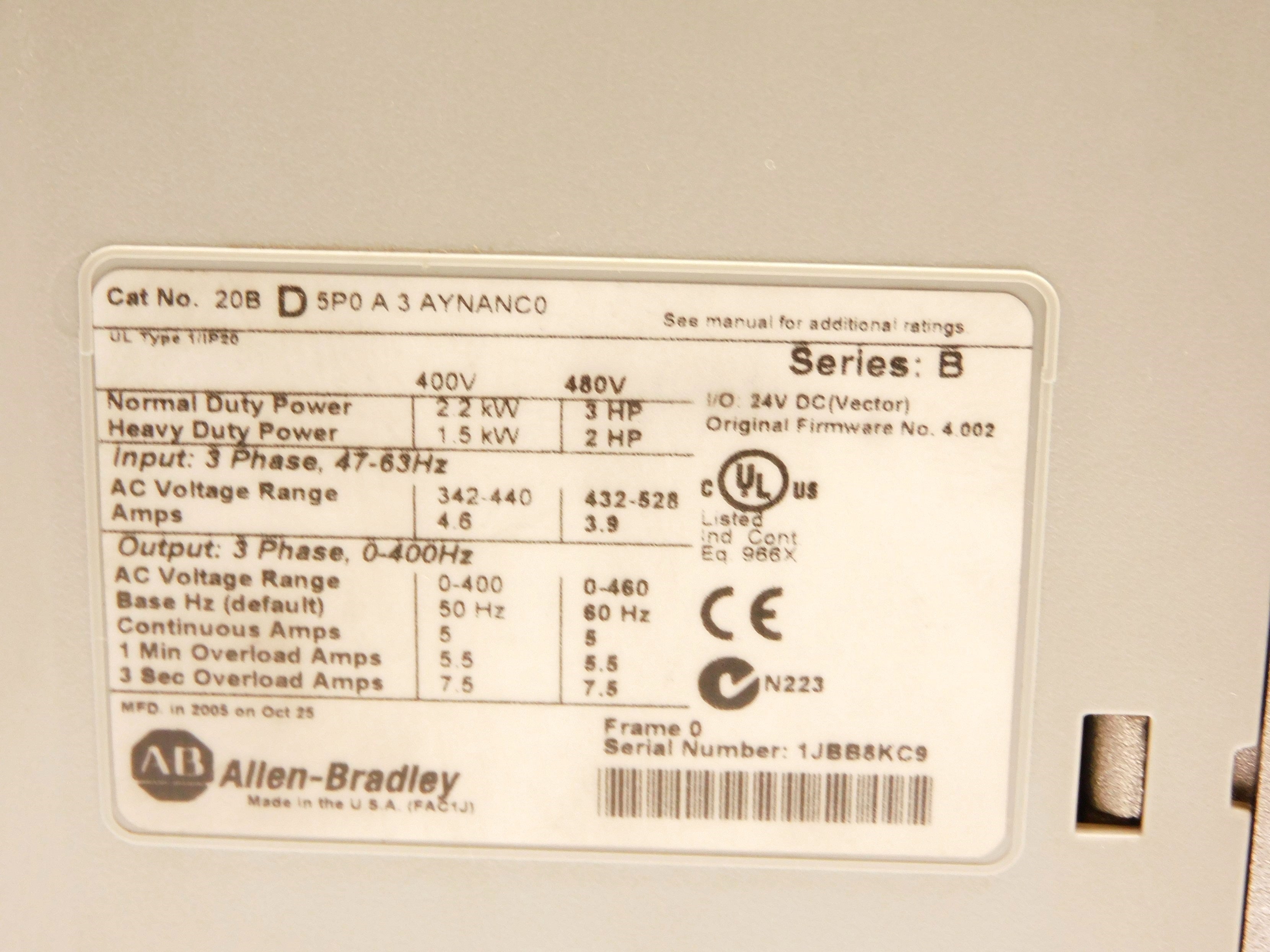ALLEN BRADLEY 20BD5P0A3AYNANC0 SER. B F/W 4.002 UNMP