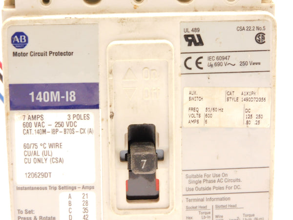 ALLEN BRADLEY 140M-I8P-B70S-CX SER. A 7A 600VAC UNMP