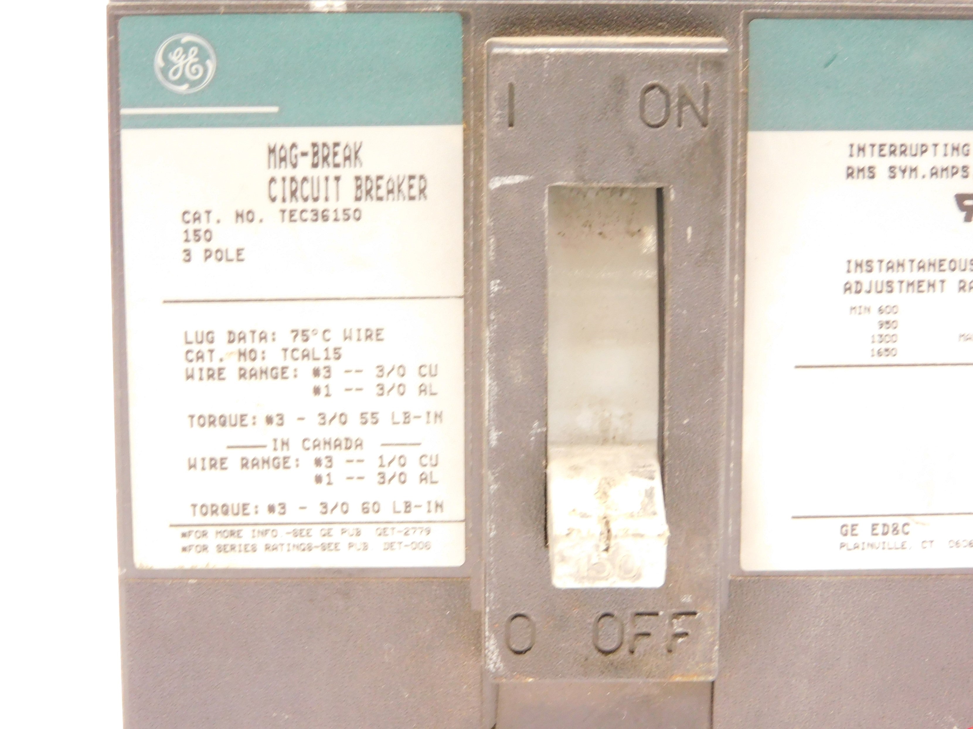 GENERAL ELECTRIC TEC36150 150A (GREEN) UNMP