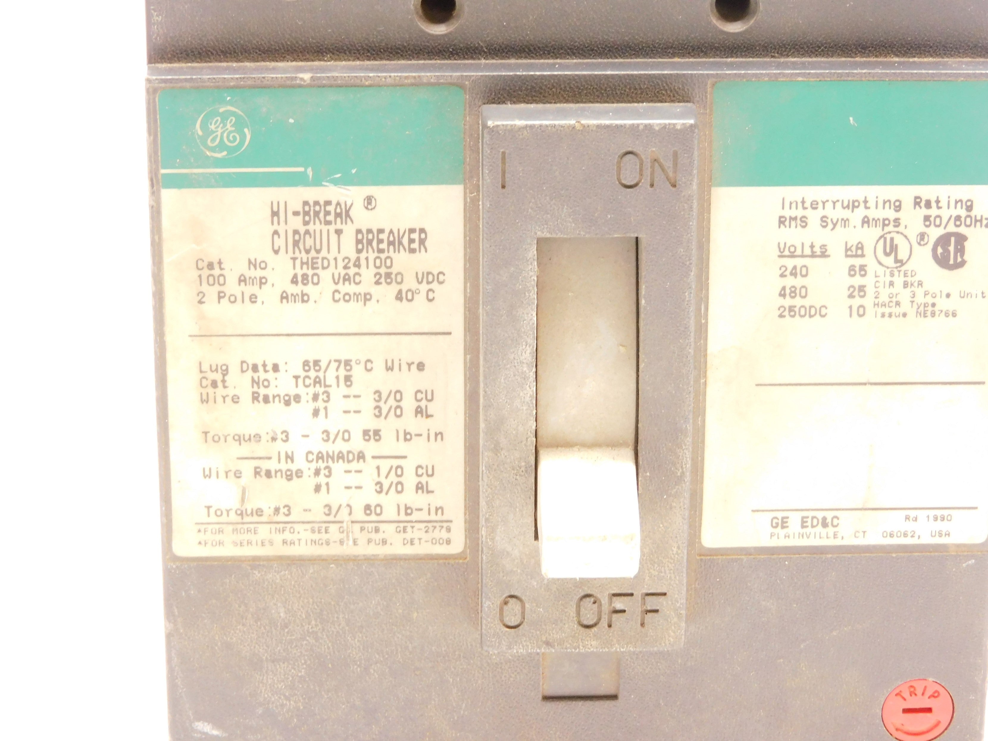 GENERAL ELECTRIC THED124100 100A 480VAC (GREEN) UNMP