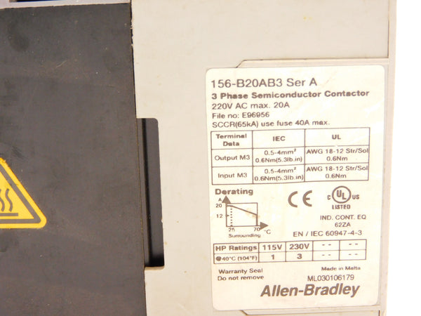 ALLEN BRADLEY 156-B20AB3 SER. A 220VAC UNMP