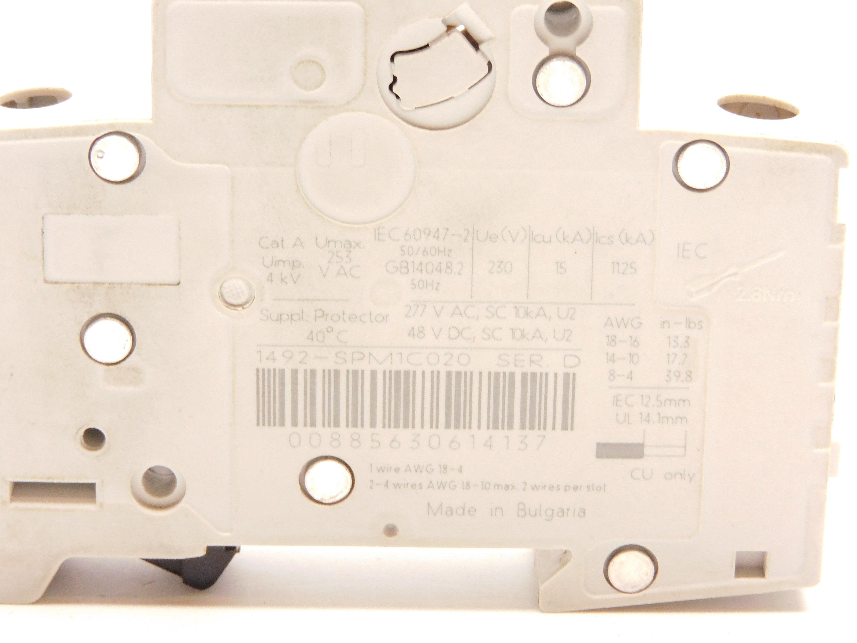 ALLEN BRADLEY 1492-SPM1C020 SER. D 277VAC 2A 40'C NSNP
