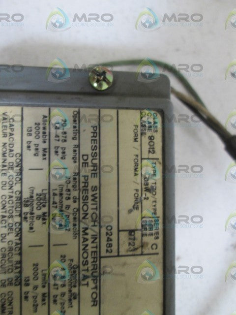 SQUARE D PRESSURE SWITCH 9012 GBW-2 *USED*