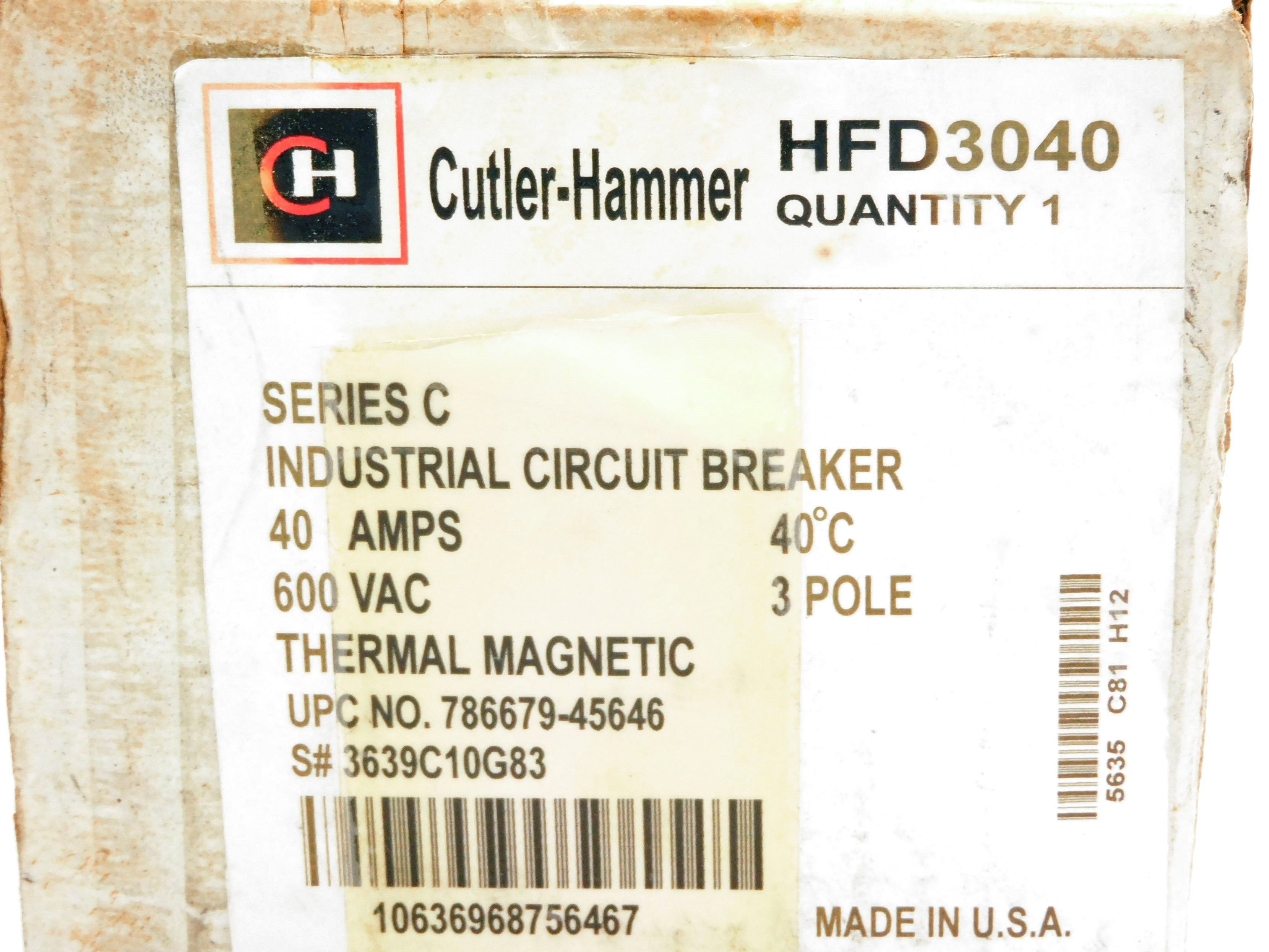 CUTLER HAMMER HFD3040 SER. C 40A 600VAC NSMP