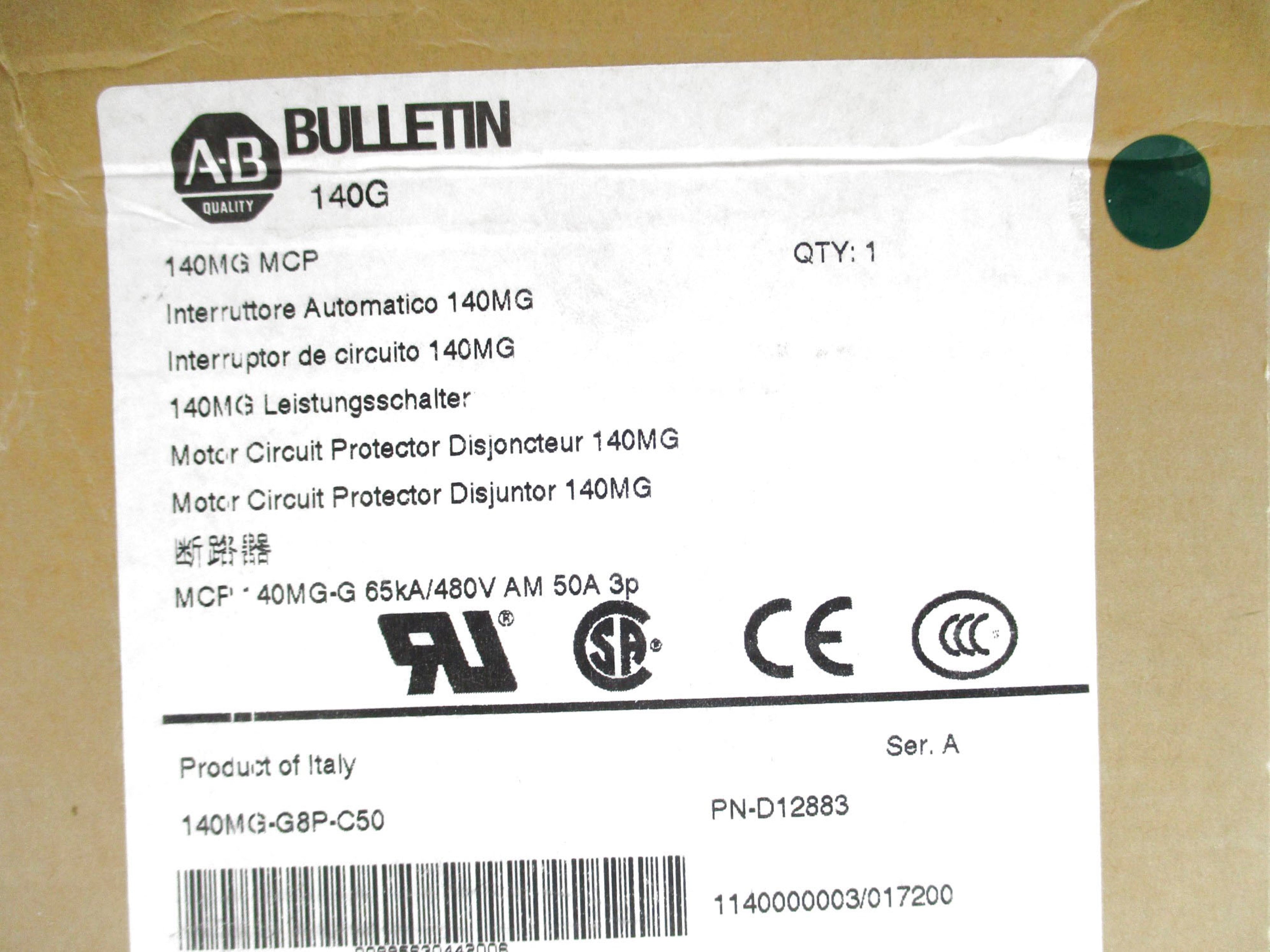 ALLEN BRADLEY 140MG-G8P-C50 SER. A 50A 480V (BR/WH) NSMP