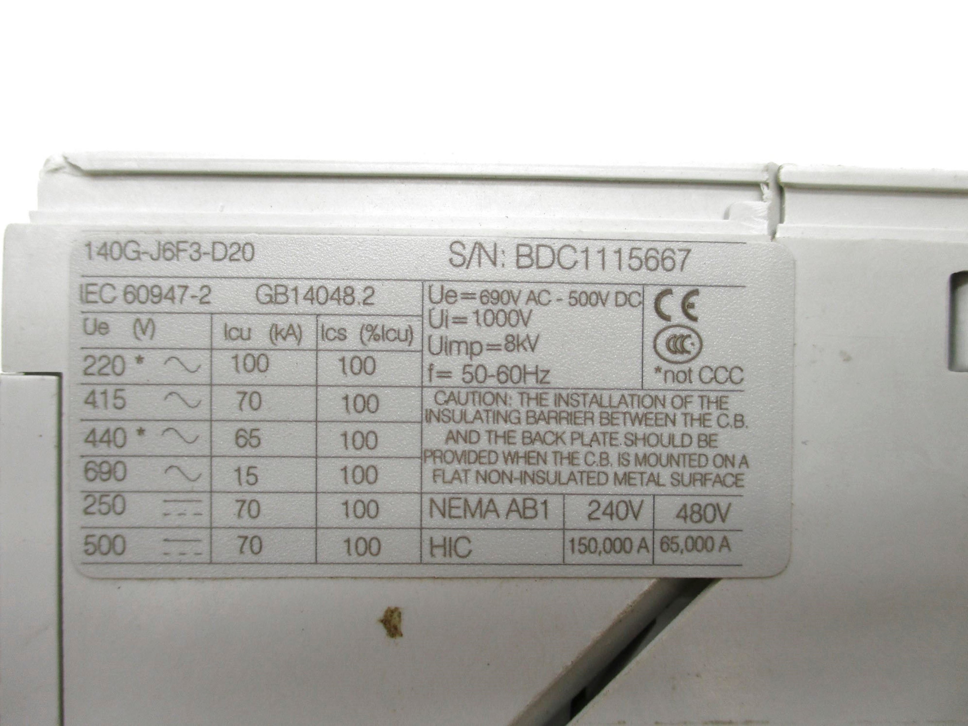 ALLEN BRADLEY 140G-J6F3-D20 250A (AS PICTURED) UNMP